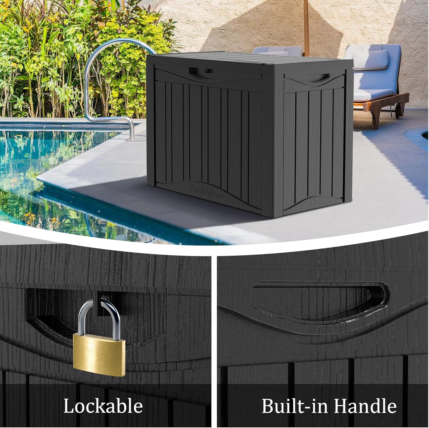 31 Gallon Deck Box, Resin Outdoor Indoor Waterproof Storage Box, Lockable Storage Box With Handle for Patio Furniture - Garden Tools - Swimming Pool Tools UV-Resistant, Black