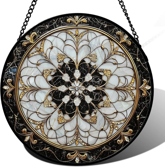 Stained Glass Window Hanging, Black and White Gold Boho Pattern Suncatcher for Doors Window Home Abstract Flower Sun Catchers Decor Mother's Day Birthday Gifts for Women, Men Mom 15 in