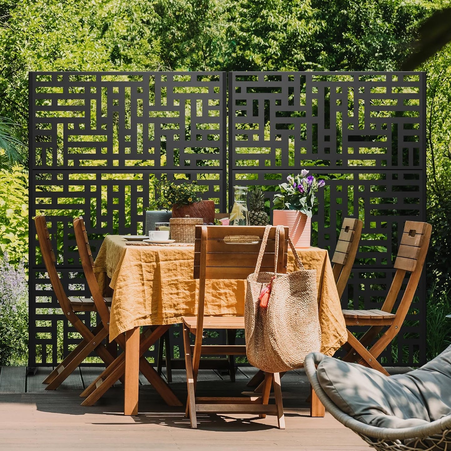 Metal Privacy Screen 72" H47 W,Freestanding Decorative Outdoor Panel for Balcony Patio Lawn Garden,Fence-Black & Street