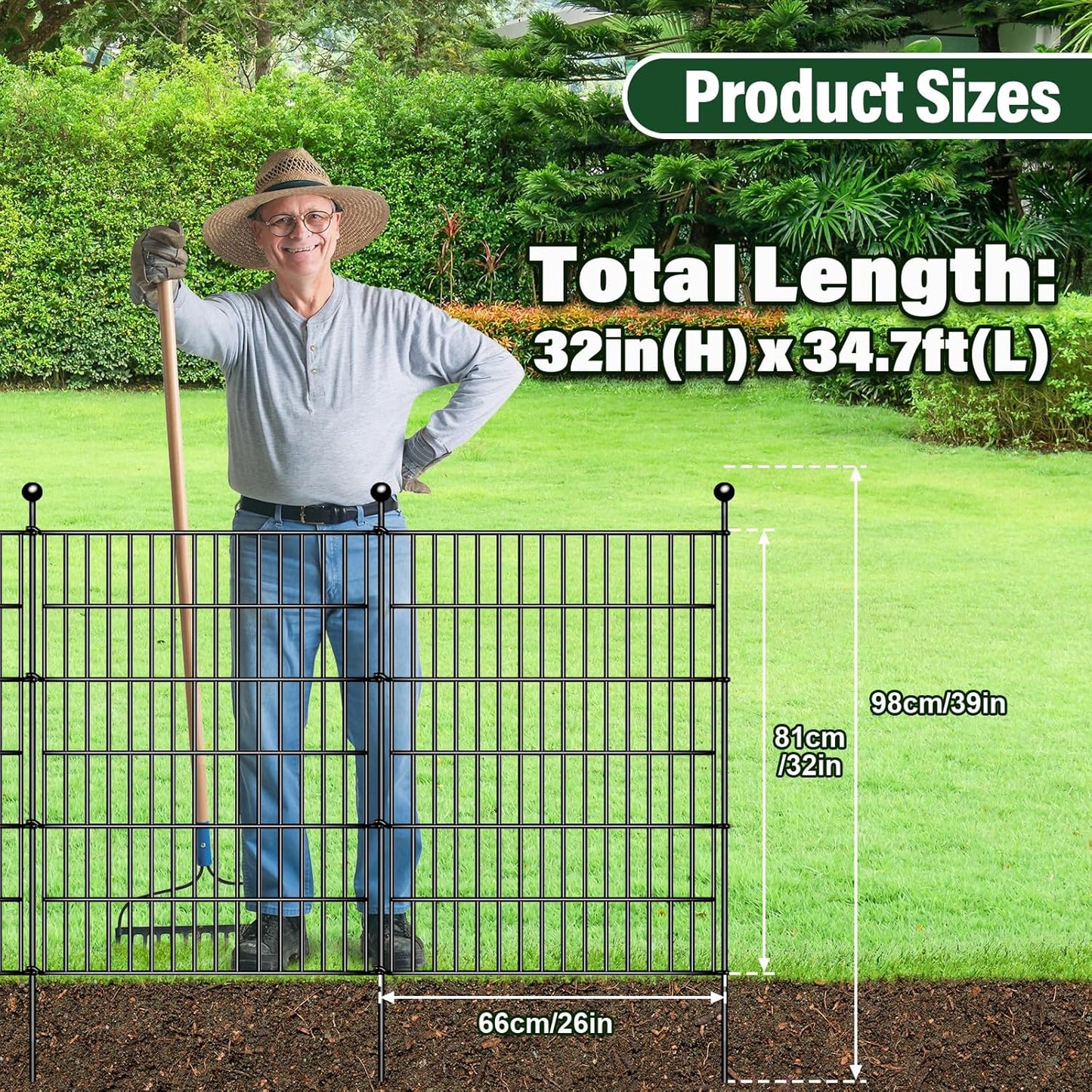 16 Panels Decorative Garden Fence, 32in(H) X 34.7ft(L) No Dig Animal Barrier Fencing, Rustproof Metal Garden Fence Panels with Gate, Dog Fence Outdoor for Yard