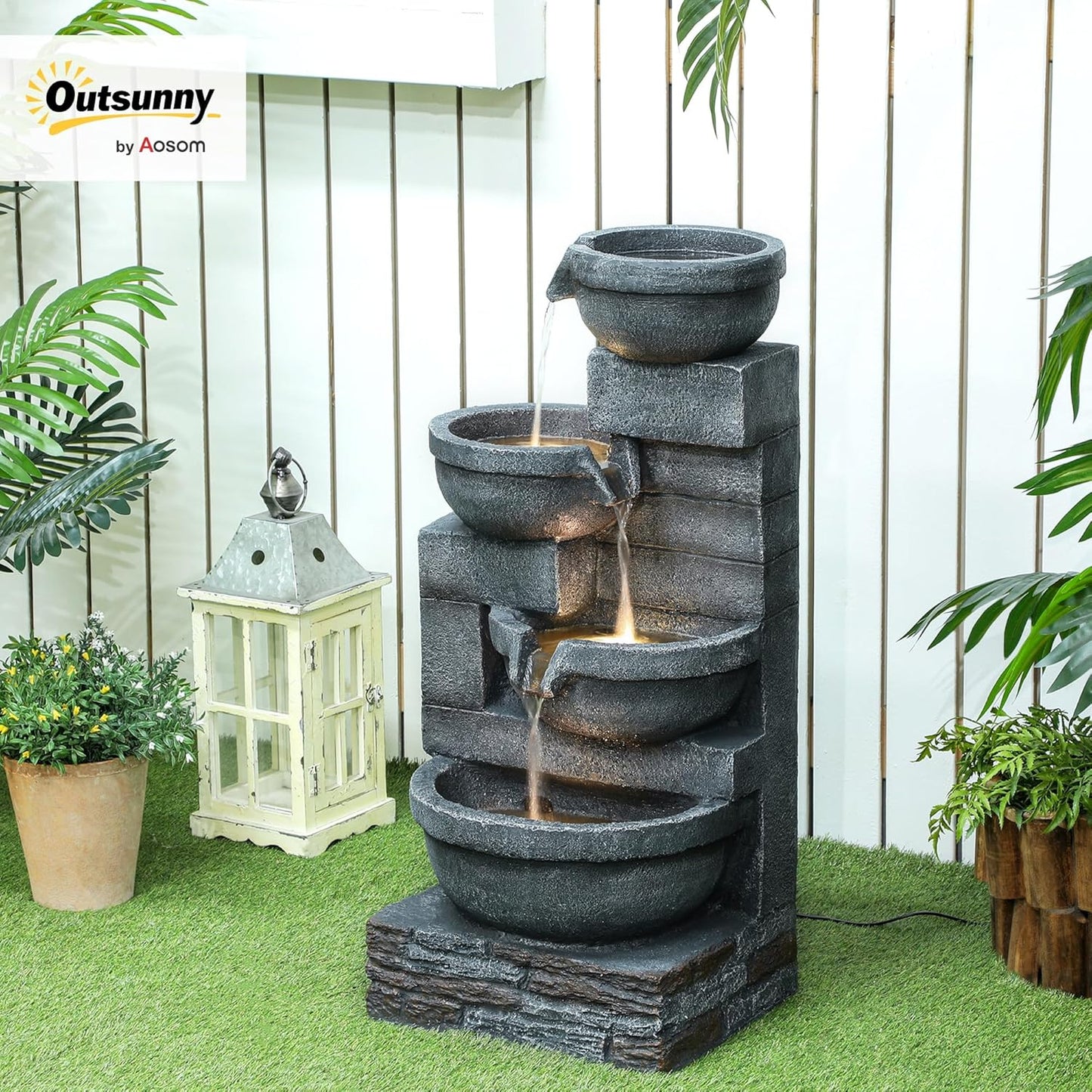 Outsunny 30" Tall Outdoor Waterfall Fountain with LED Lights, 4-Tier Resin Cascading Water Bowls with Pump, Gray