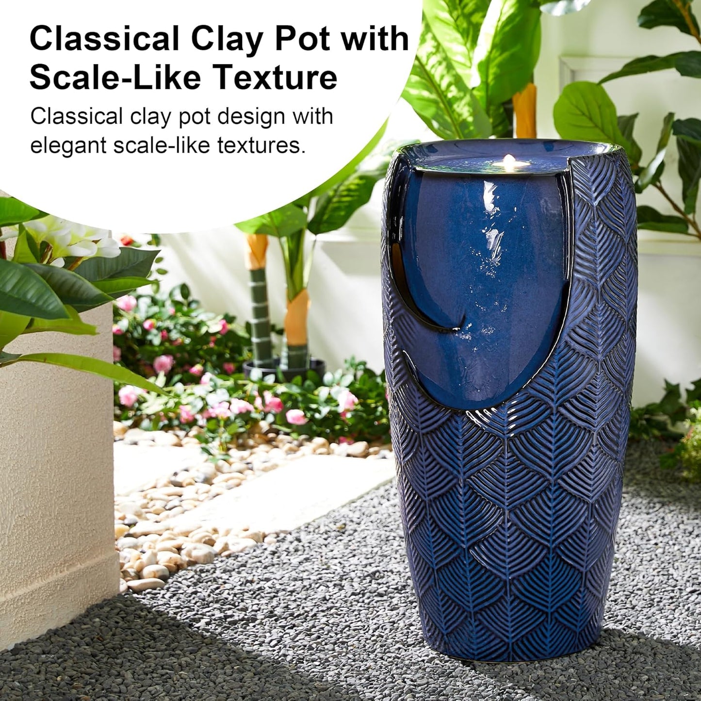 Glitzhome 29.25" H Oversized Ceramic Vase Outdoor Water Fountain, Tall Scale-Like Textured Glaze Patio Garden Water Fountain with LED Light and Submersible Pump Yard Art Decor, Cobalt Blue