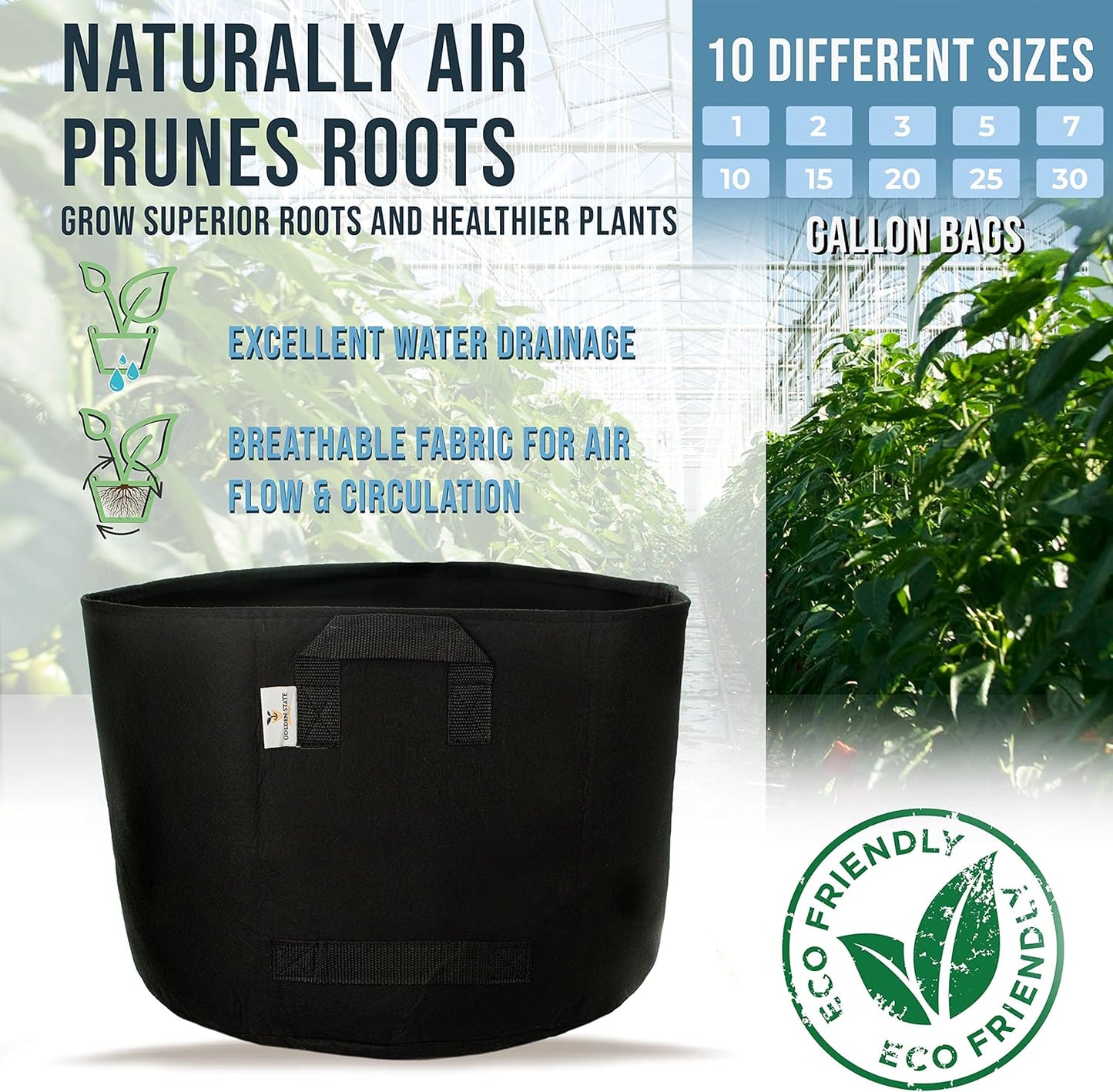 Grow Bags: 5-Pack (Size: 10 Gallon): 300gsm Black Felt Fabric, Biodegradable and eco-Friendly Material. (Handles + Dumping Handles-pat.Pend).