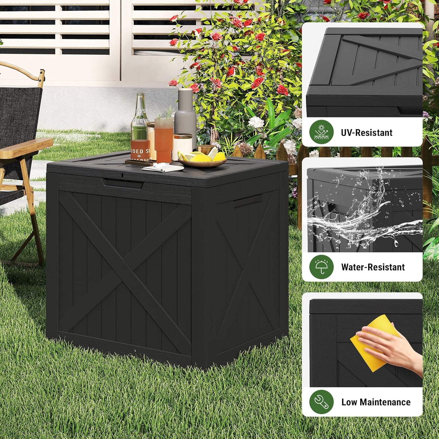 Mars Villa 31 Gallon Deck Box, Outdoor Storage Box Waterproof, Outside Resin Storage Bin for Outdoor Patio Furniture Cushions, Pool Supplies, Garden Tools, UV-Resistant and Weatherproof, Black Barn