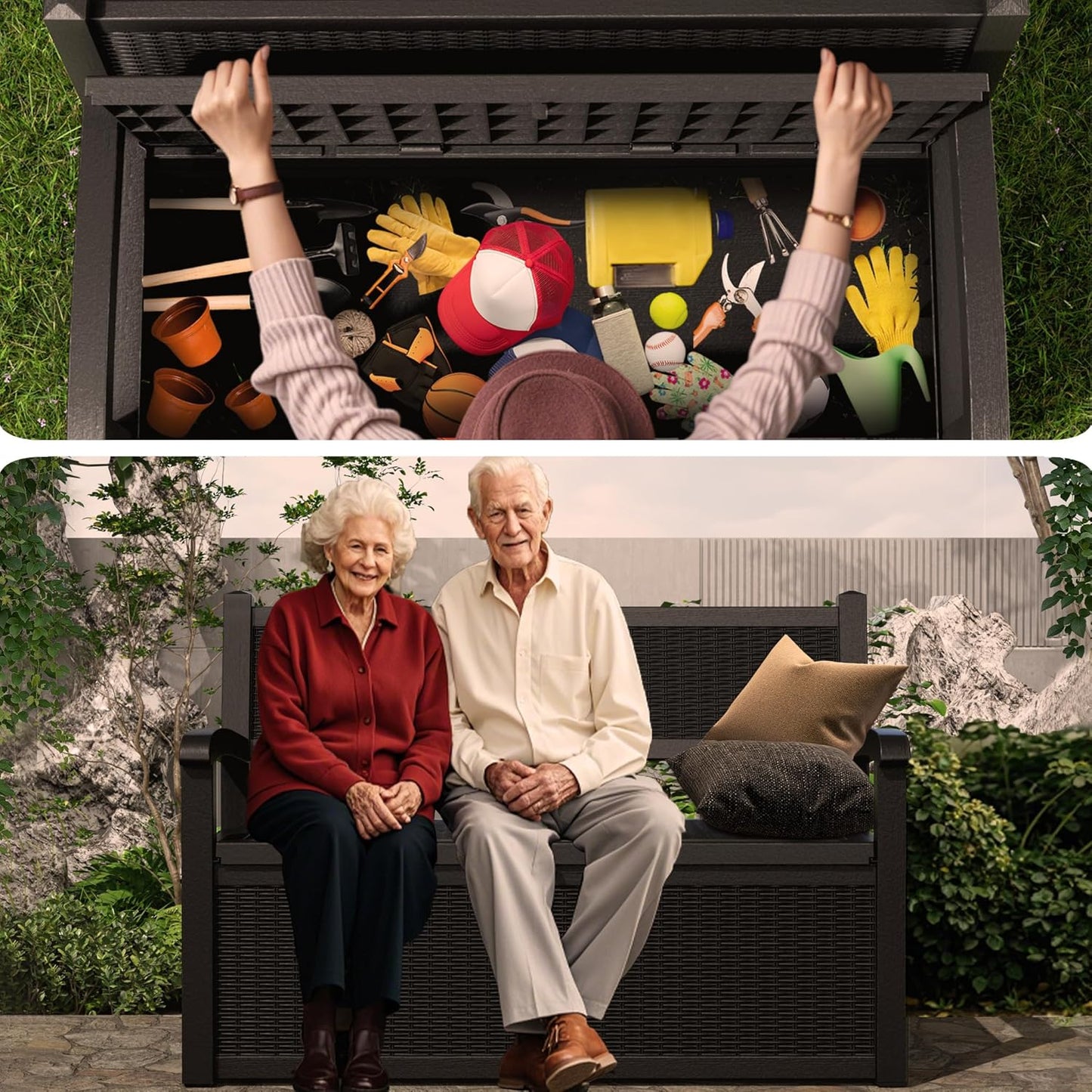 80 Gallon Outdoor Storage Bench Deck Box Waterproof Lockable,Outdoor Storage Furniture for Patio,Garden and Porch,Tools and Cushions（Black）