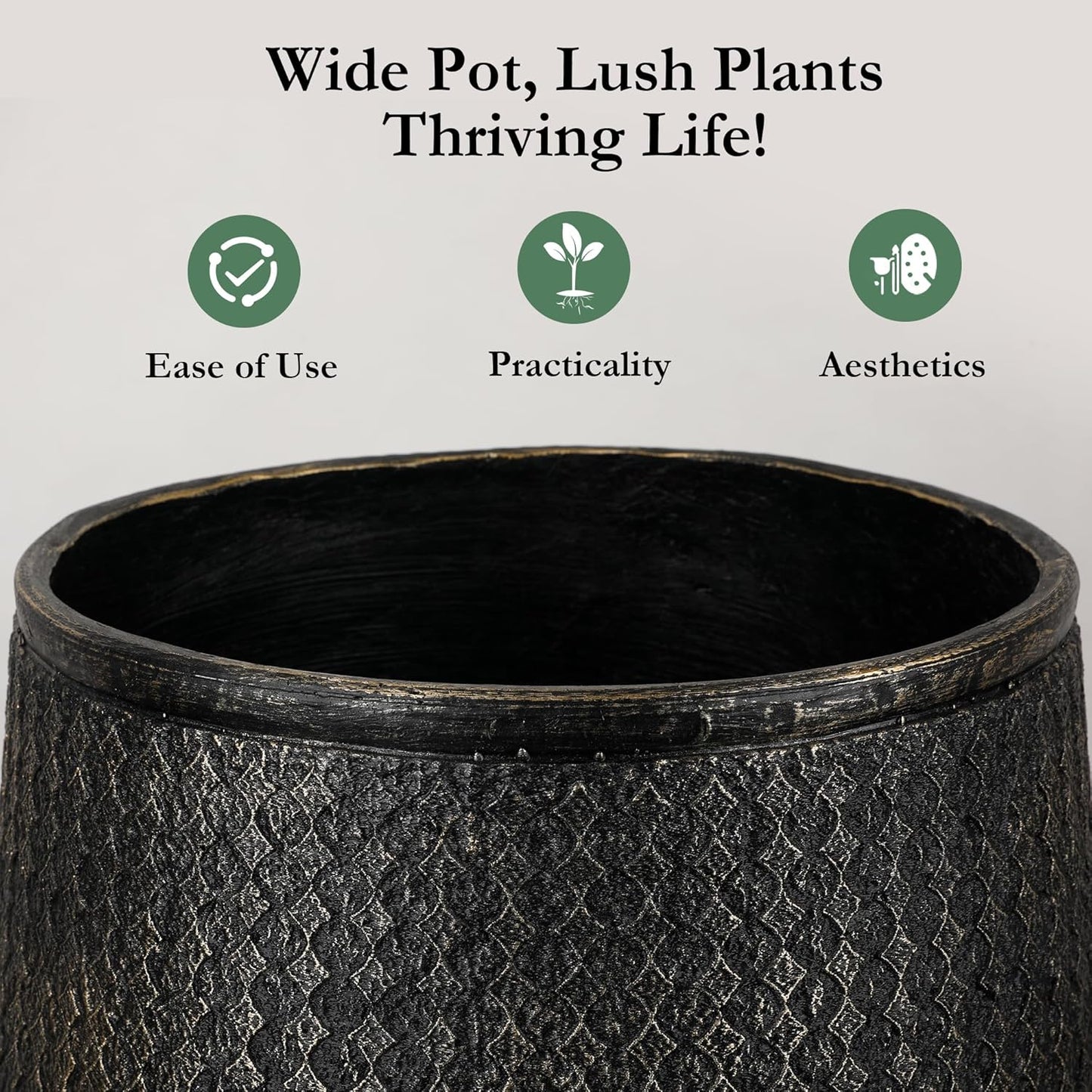 Worth Garden Large Round Planters Set of 2 (14.5"x17.5" & 12" x15“) - Lightweight Magnesium Oxide Cement Plant Pot with Texture - Concrete Look with Drainage Hole – Indoor & Outdoor Use - Black Gold