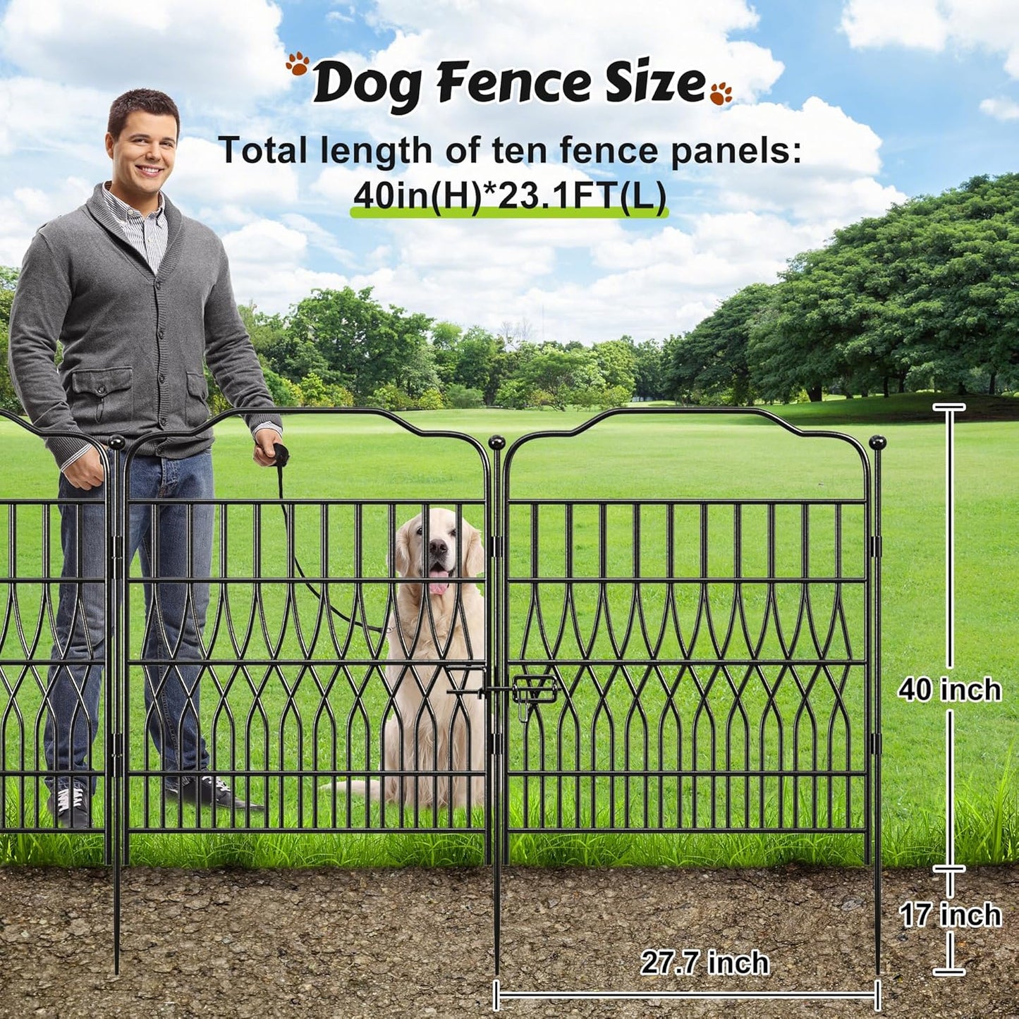 Bepatio 10 Panels Tall Garden Fence with Latch, 40in (H) x 23.1ft (L) Dog Fence Outdoor for Yard, Arc Metal Fencing Panels, Animal Barrier Fencing for Outdoor, Patio, Flower Bed