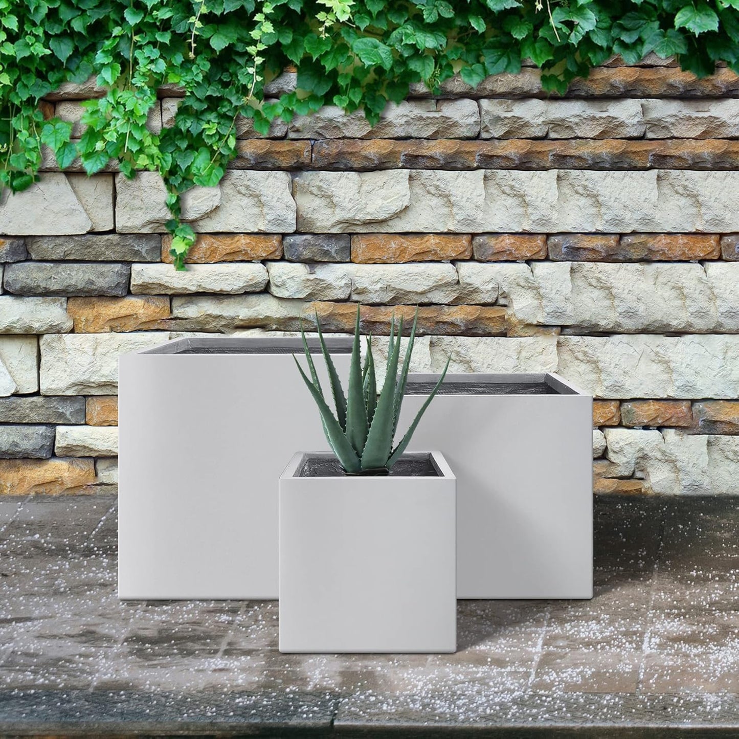 Kante 16",12",10" Square Concrete Planters Set of 3 for Outdoor Indoor Home Patio Garden, Large Plant Pot with Drainage Hole and Rubber Plug, Pure White