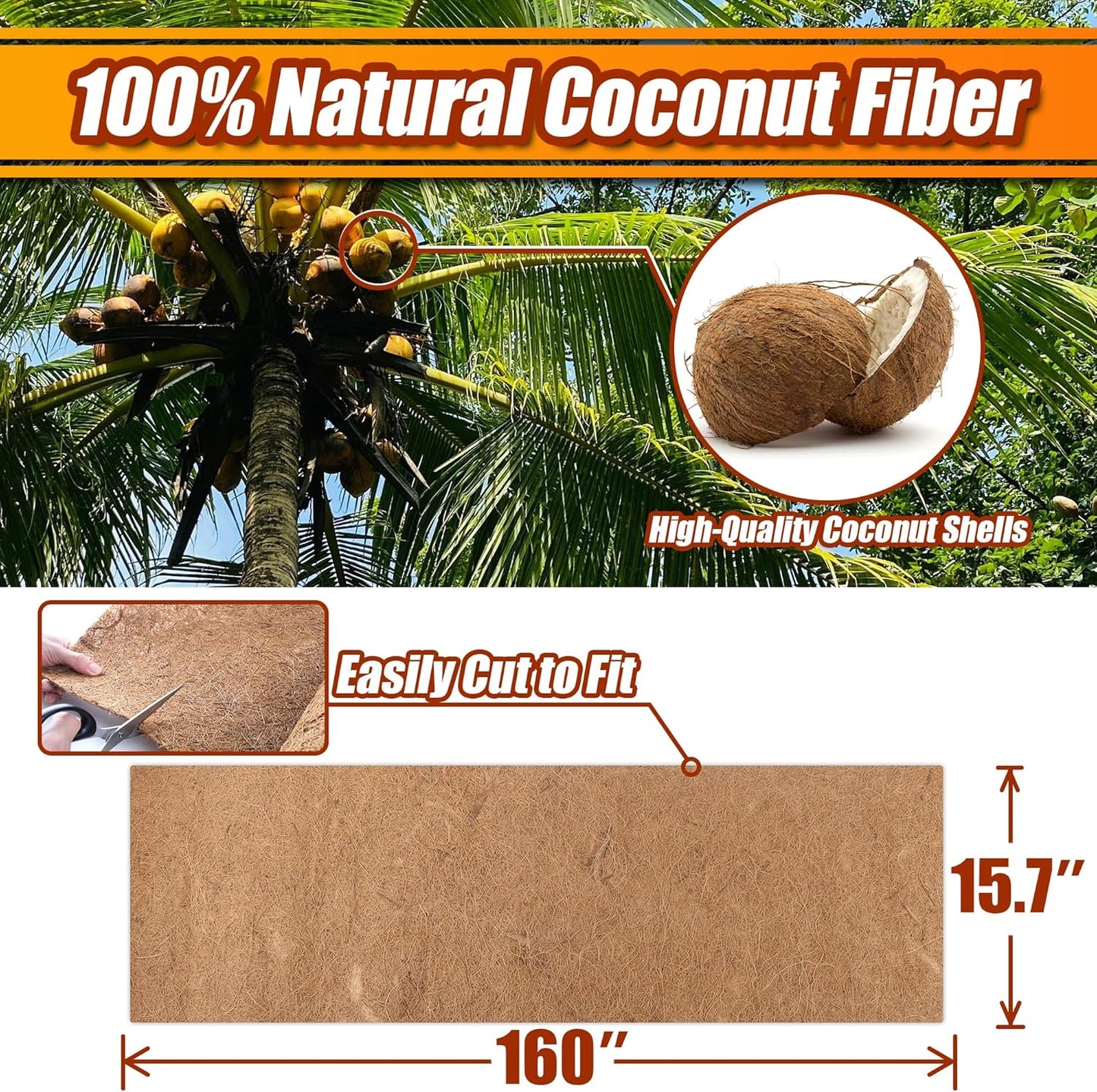 Coco Liner Roll, 16 x 160 Inch Coconut Fiber Liners for Planter Window Box Flower Basket, Natural Coco Coir Sheet Coco Mats for Animal Pet Pad, Reptile Carpet, Garden Decoration