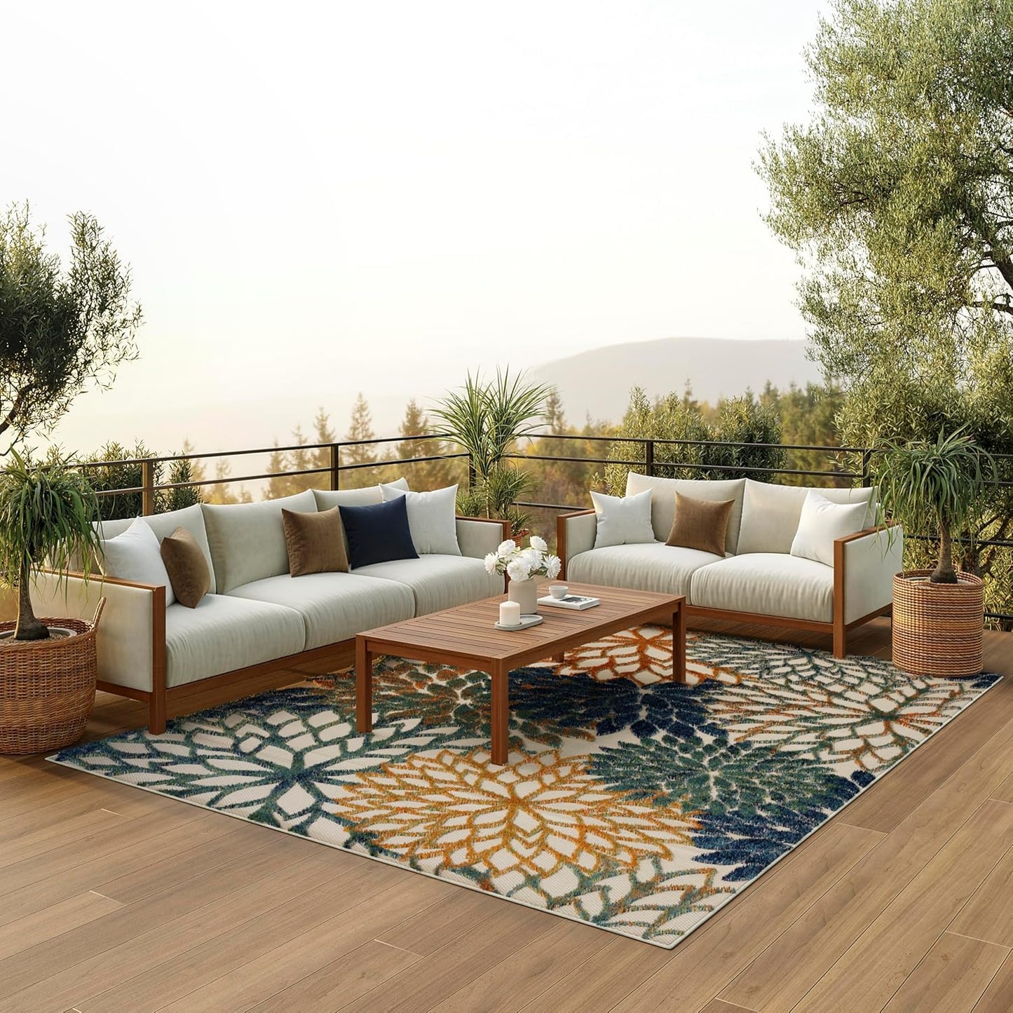 Nourison Home Aloha Indoor Outdoor Blue Green 6' x 9' Area Rug, Easy Cleaning, Non Shedding, Bed Room, Living Room, Dining Room, Backyard, Deck, Patio (6x9)