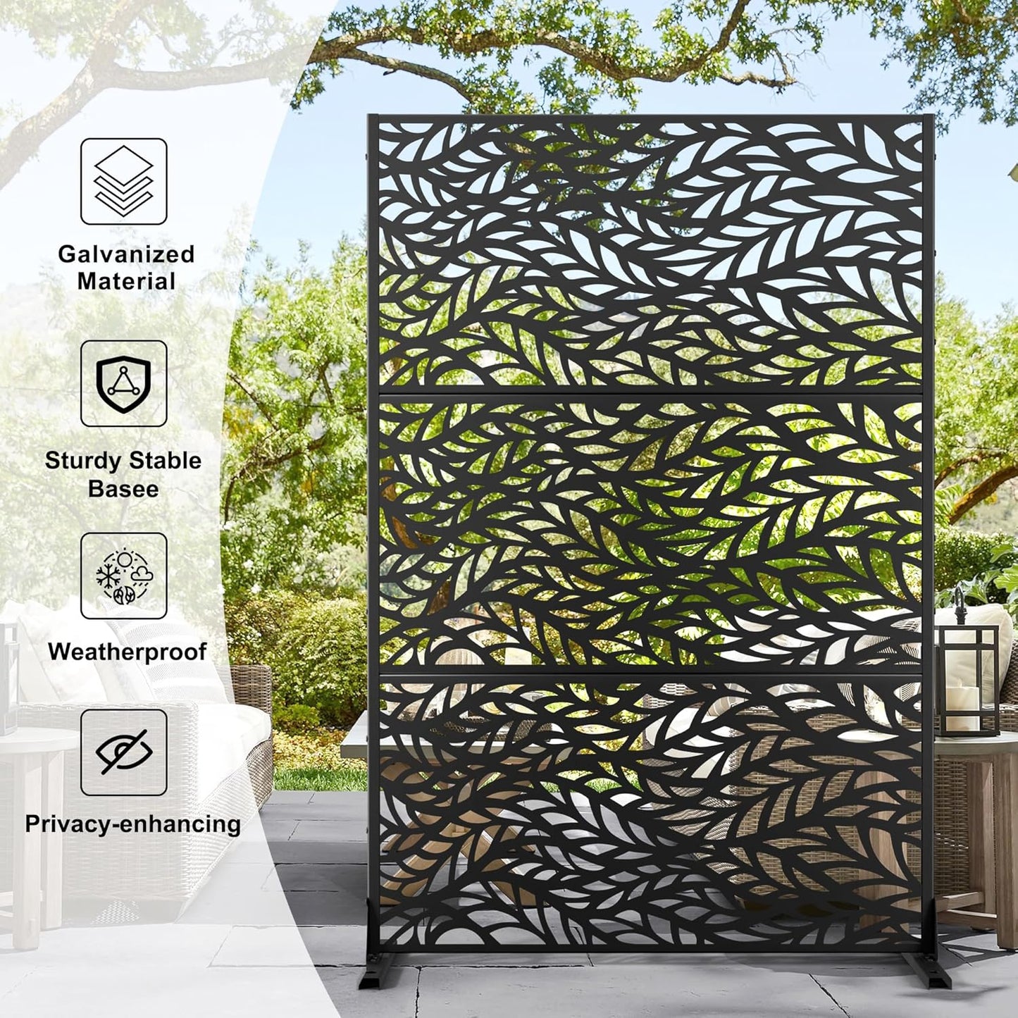 Metal Privacy Screen Outdoor 72" H×47" W,Freestanding Decorative Privacy Screen for Balcony Yard&Garden,Privacy Fence-Black&Leaves
