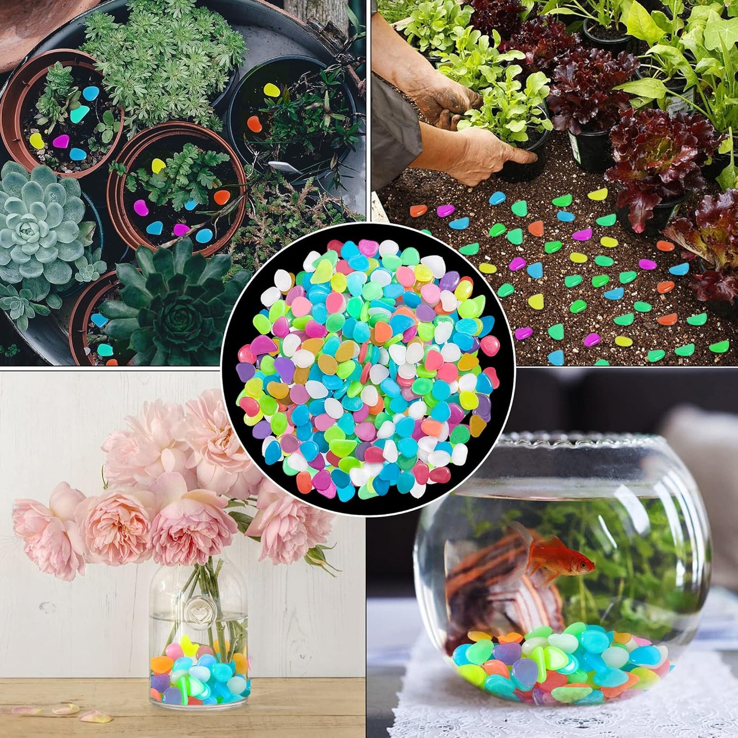 350 PCS Luminous Stones – Mixed Color Glow Rocks Decorations DIY Decorative Pebbles for Aquarium Fish Tank Sidewalk Garden Path Patio Terrace Lawn Yard Ornaments Colorful Cobbles Decor FD05MX350