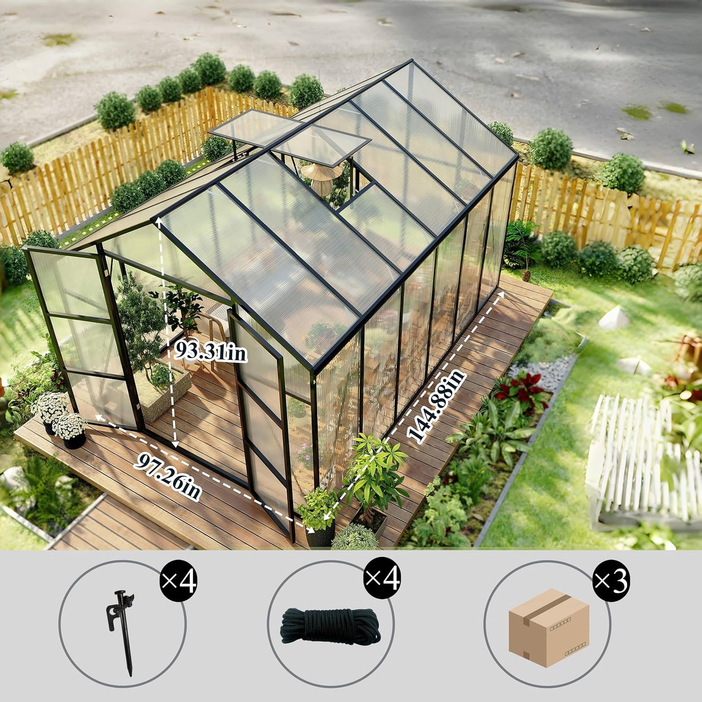 120 * 168 * 104in Greenhouse for Outdoors,Polycarbonate Greenhouse with Stronger Wind Protection and Roof Vent,Walk-in Large Aluminum Sunroom Winter Proof,Black