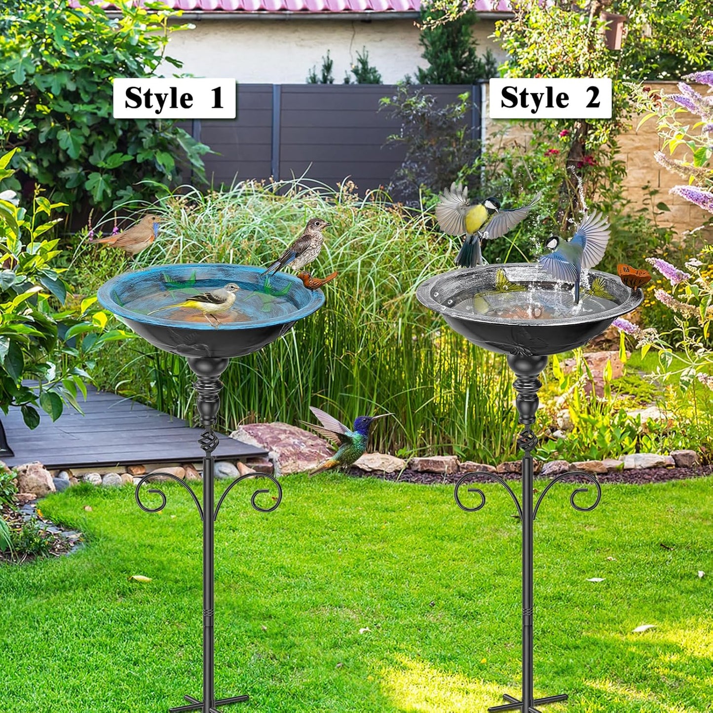 35.4" Tall Bird Bath for Outside, Vintage Metal Birdbaths Bowl with 5 Prong Bases for Outdoors, Freestanding Birdfeeder with Hummingbird Carving for Garden Yard Lawn Decor (Vintage Silver)