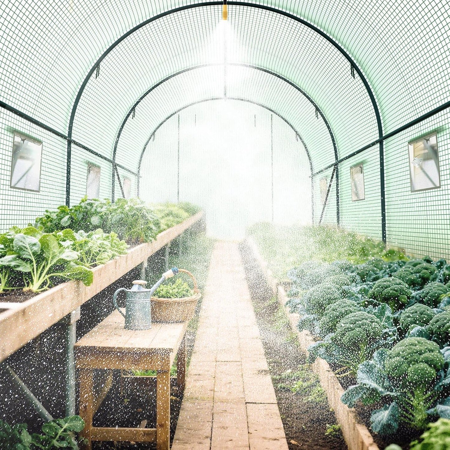 15x7x7 FT Walk-in Greenhouse for Outdoors w/ Watering System,8-Ventilated Screen Window Portable Greenhouse for Winter Plant Protection w/ 2-Zipper Door,PE Cover & Heavy Duty Frame