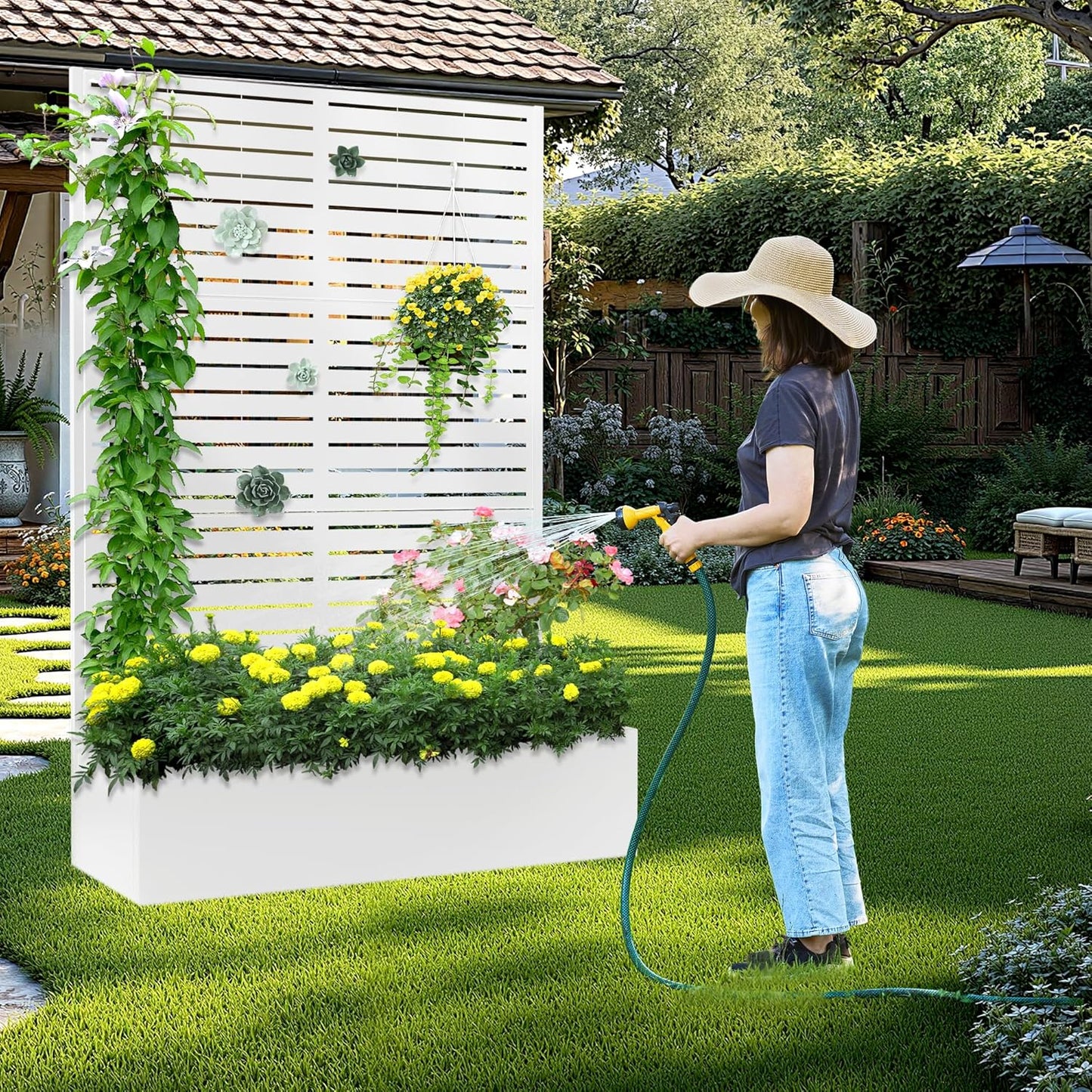 Metal Raised Garden Bed with Trellis, 2 in 1 Trellis with Planter Box & Privacy Screen for Climbing Plants, Vine, Outdoor Standing Flower Beds with Drainage Holes, 47" L x 16" W x 71" H, White