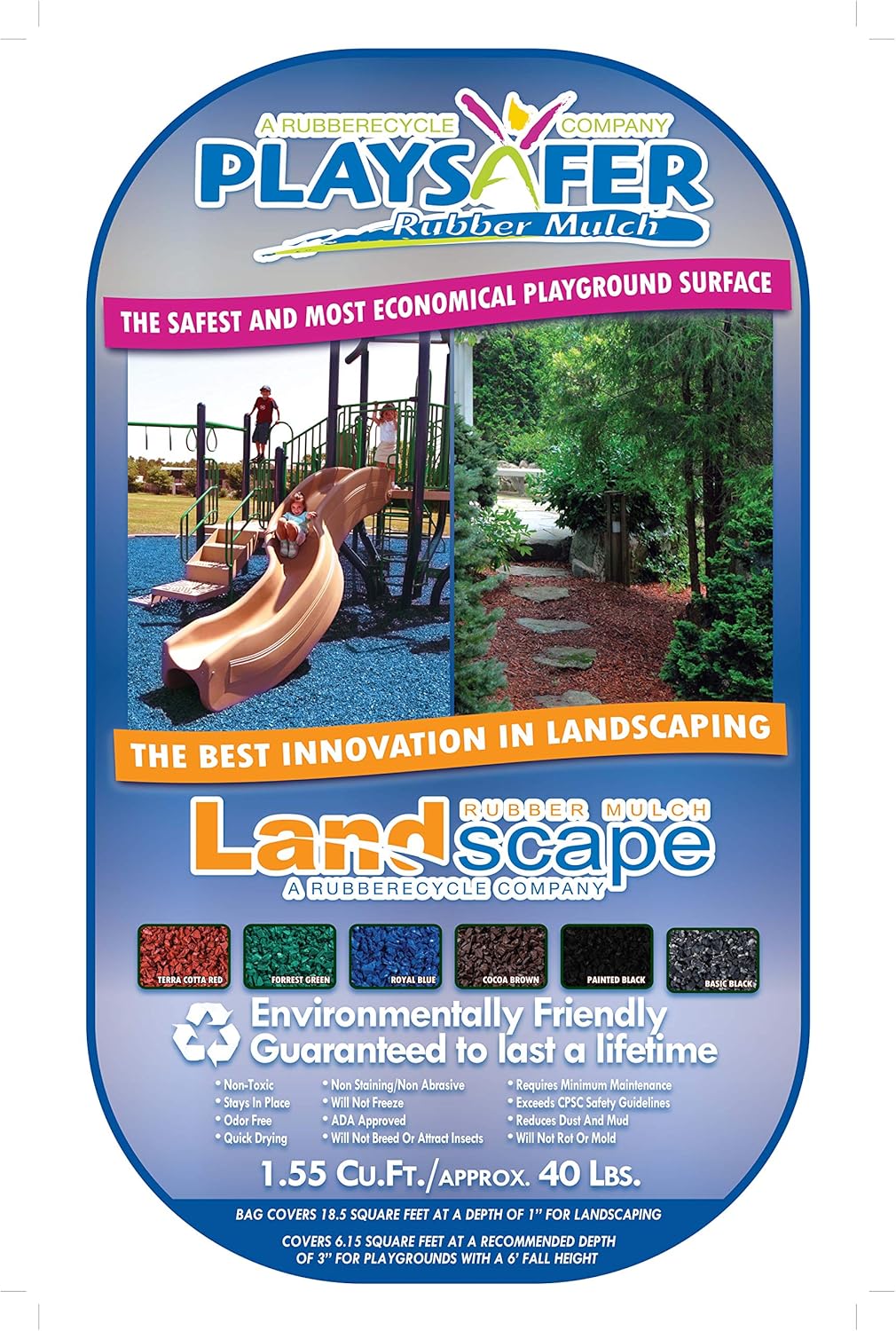 Playsafer Rubber Mulch Nuggets Protective Flooring for Playgrounds, Swing-Sets, Play Areas, and Landscaping (40 LBS - 1.55 CU. FT., Red)