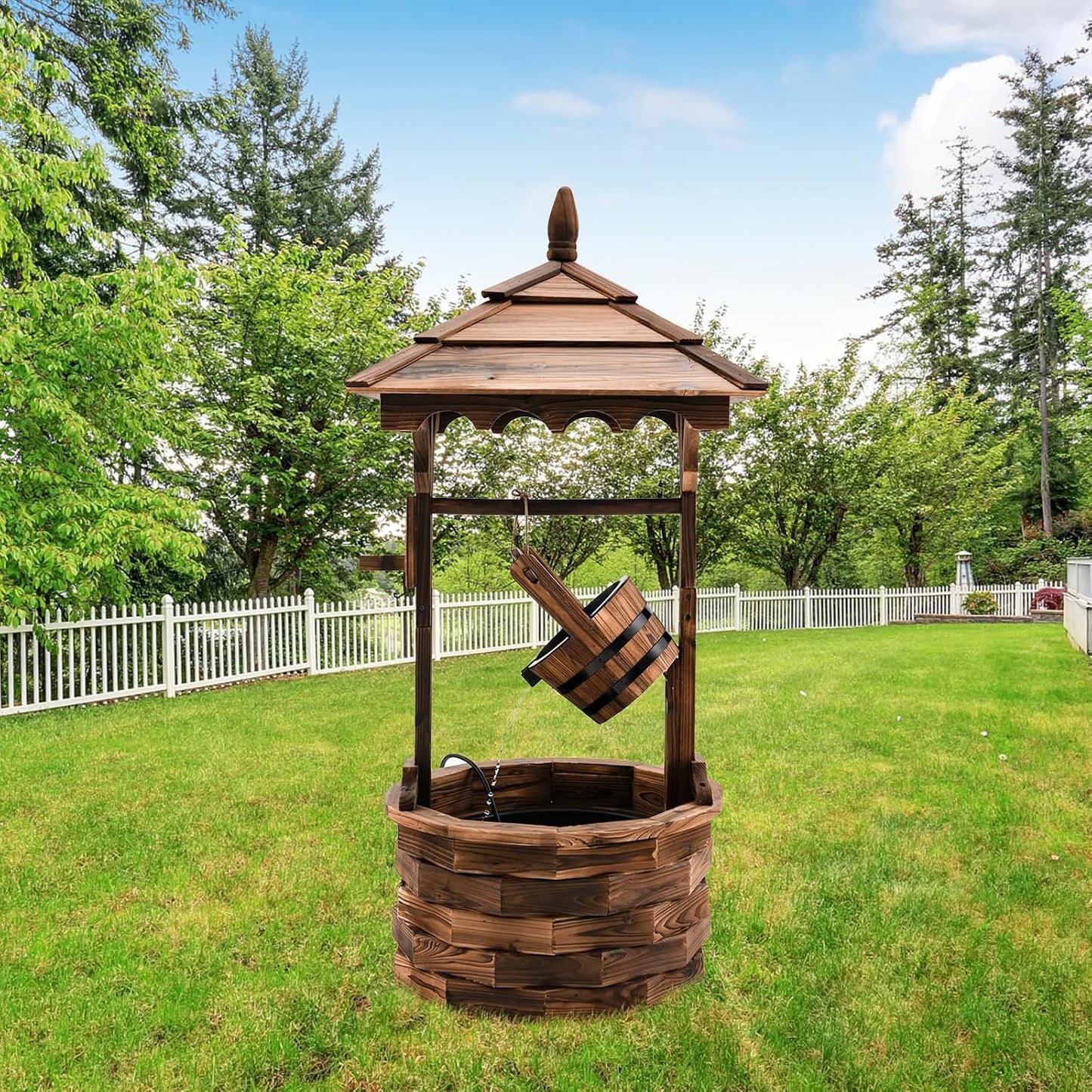 Tangkula Outdoor Wishing Well Water Fountain, Old-Fashioned Wood Waterfall Fountain w/Bucket Pump, Rustic Farmhouse Decoration for Garden, Backyard, 46 Inch Tall (22.5" x 22.5" x 48.5")