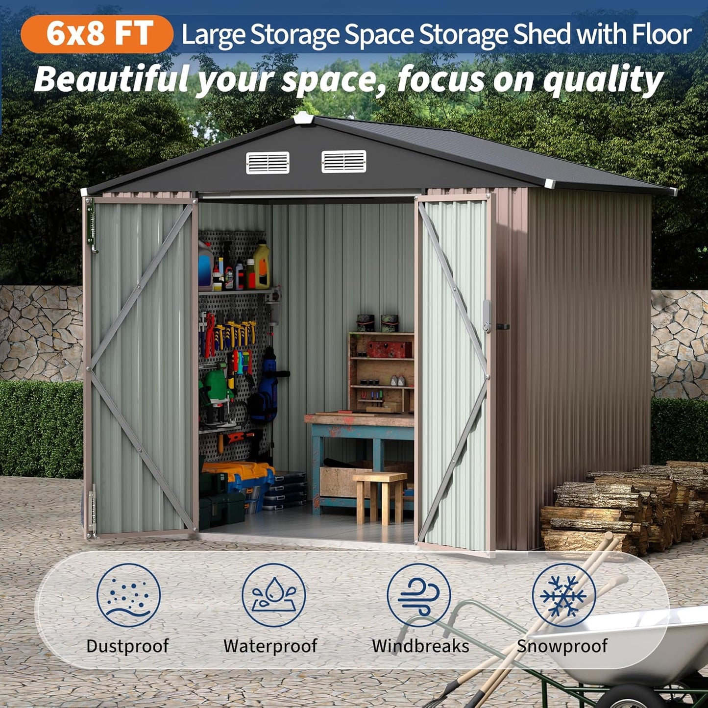 6x8 FT Metal Storage Sheds Outdoor with Floor, Metal Yard Sheds Garden Shed Kit, MetalTool Shed with Lockable Door, Metals UtilitySheds Buildings with Air Vent for Backyard Garden Patio Lawn