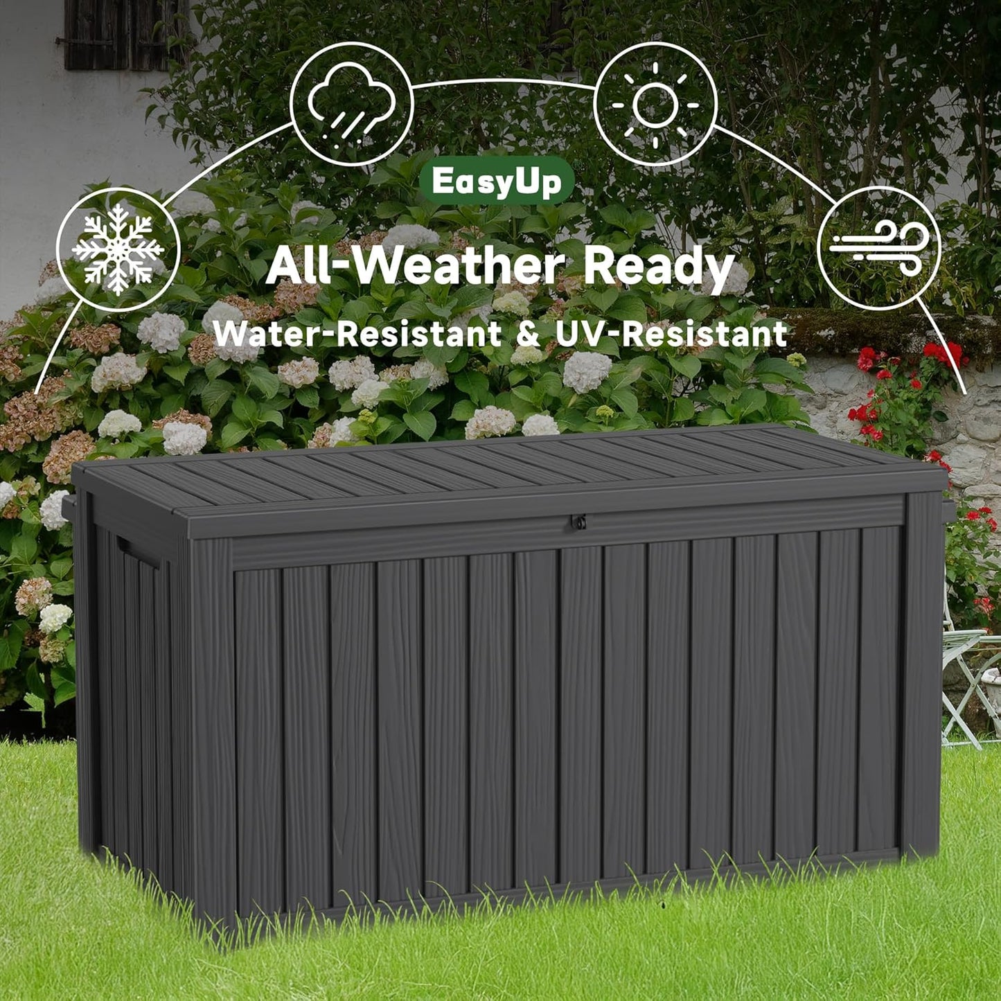 150 Gallon Outdoor Storage Box Waterproof, UV Resistant Resin Deck Box with Hydraulic Rod, Reinforced Stability for Patio, Garden, and Pool, Striped Black