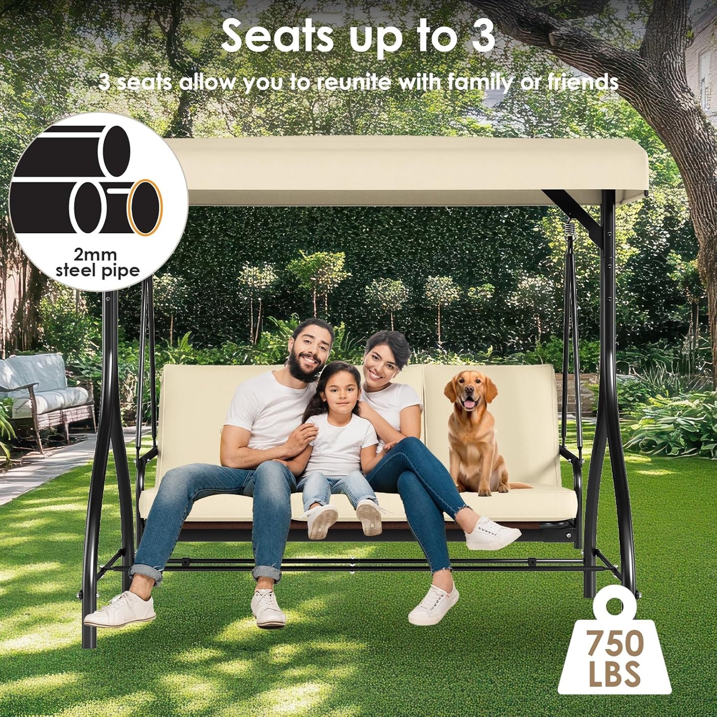 TLSUNNY 3-Seat Outdoor Patio Porch Swing with Adjustable Canopy & Backrest, Convertible Glider Bed with Stand, Removable Seat Cushion, 45° Tilt Adjustment for Backyard, Poolside, Balcony - 750LBS