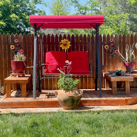 PURPLE LEAF Outdoor Patio Porch Swing with Stand, 2-seat Swing Chair with Adjustable Tilt Canopy All-Weather Steel Frame for Backyard Front Porch Lawn, Cushions and Pillow Included, Terra