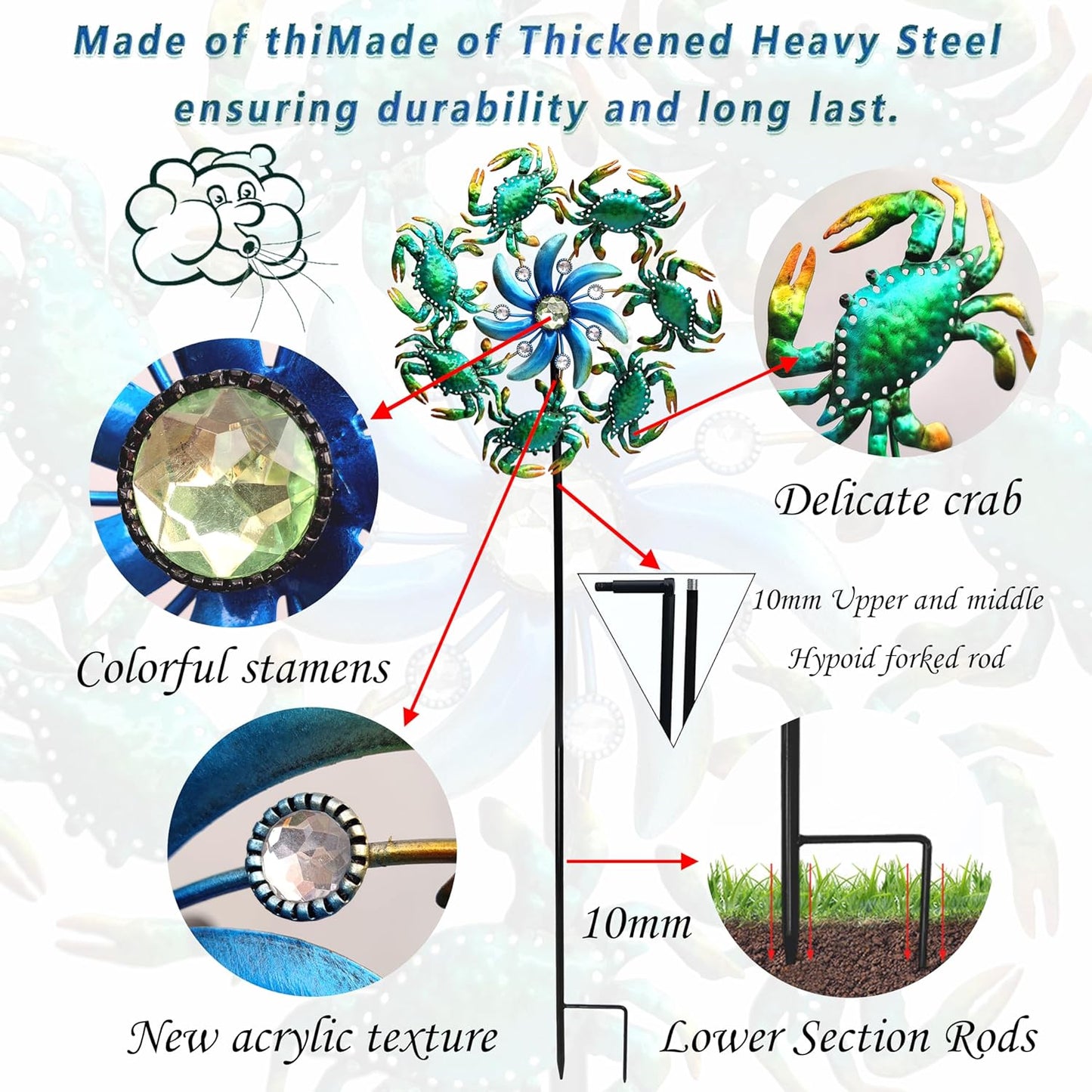 39" Crab Wind Spinners Metal Windmill Garden Stake,Ocean Theme Outdoor Wind Spinner,Wind Sculptures Yard Art Decorations for Patio,Lawn & Garden Decor