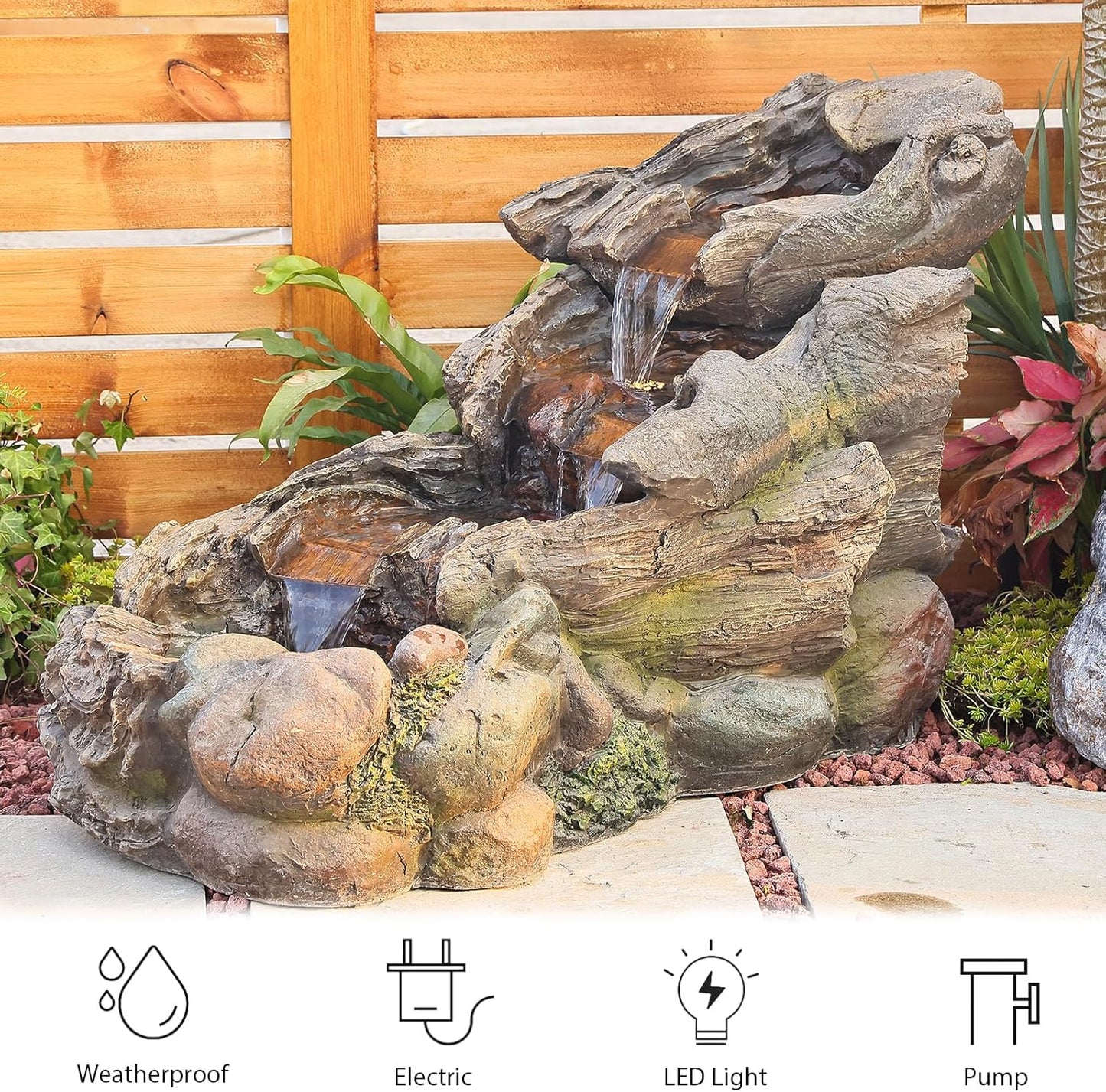 42.1 Inches Garden Outdoor Water Fountain - Mutiply Tiered Cascading Fountains Outdoor Decor with LED Lights and Pumps for Garden, Patio, Porch, Backyard, Deck, Pond and Home Art Decor