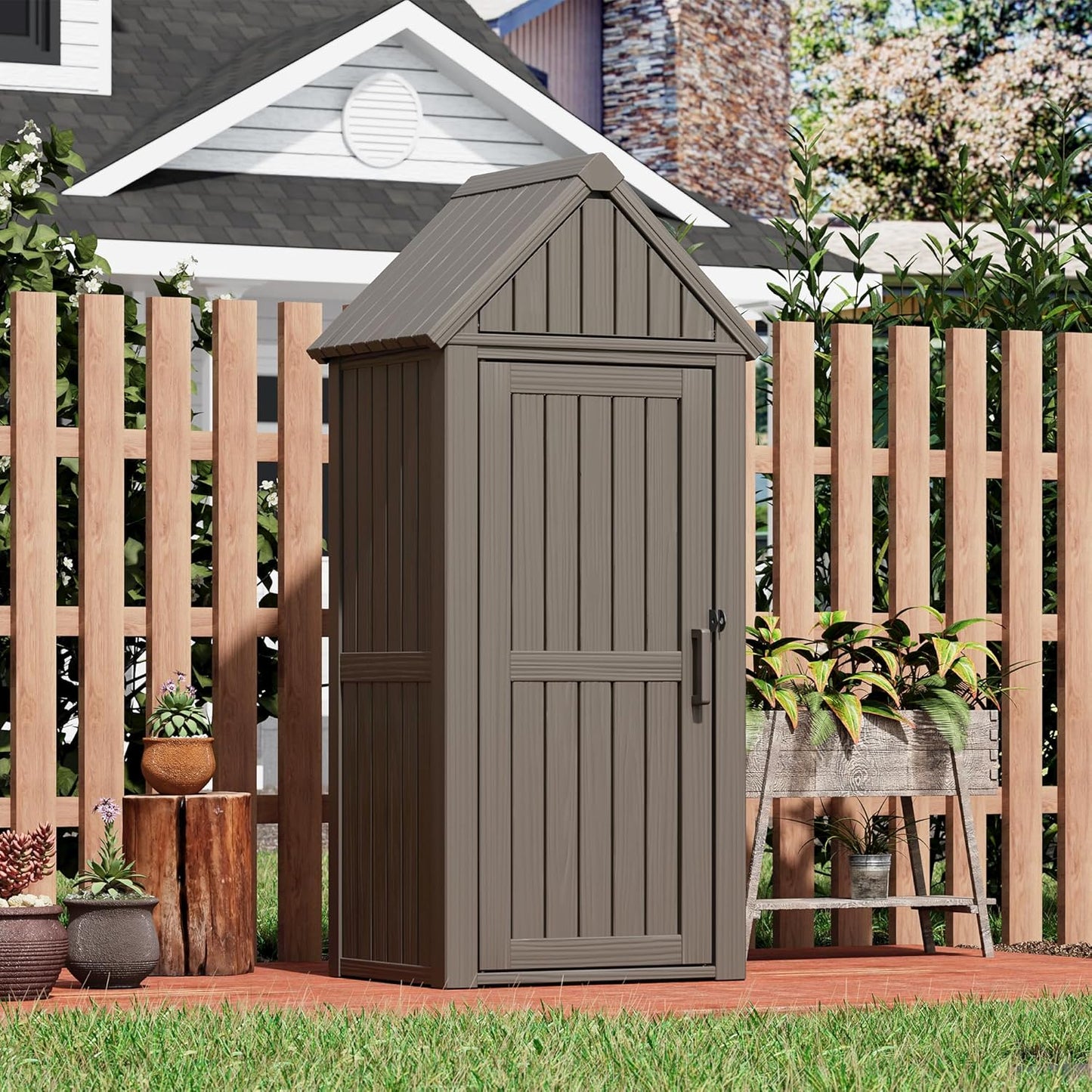 Outdoor Resin Storage Shed, Upgrade Durable Storage Cabinet with Removable Shelves and Lock Ring, Reinforced Floor, All-Weather Construction for Garden Patio Lawn (Gray)
