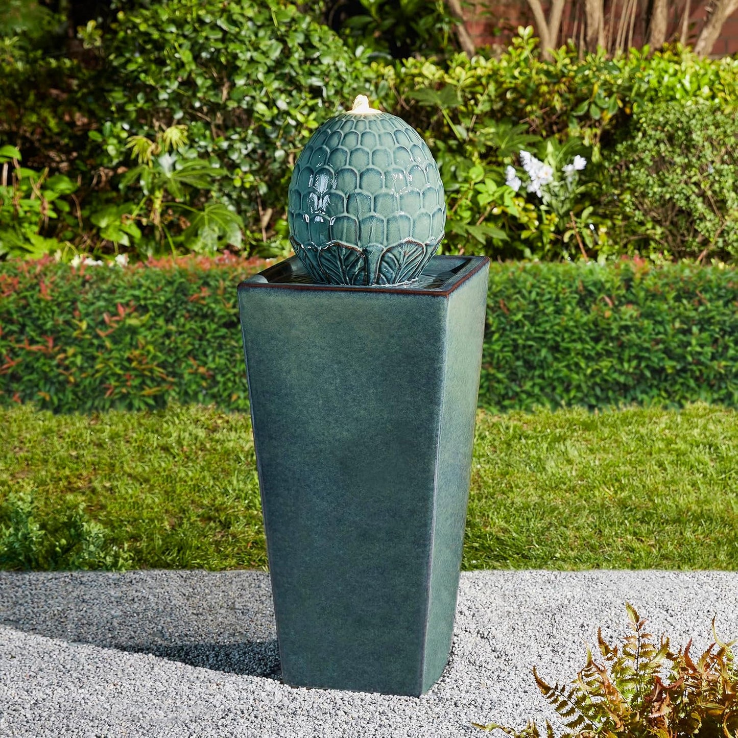Glitzhome Ceramic Outdoor Water Fountain with LED Light, Oversized Artichoke Pedestal Water Fountains with Submersible Pump, Patio Fountain Waterfall for Garden Patio Deck Porch, Turquoise, 35.75" H