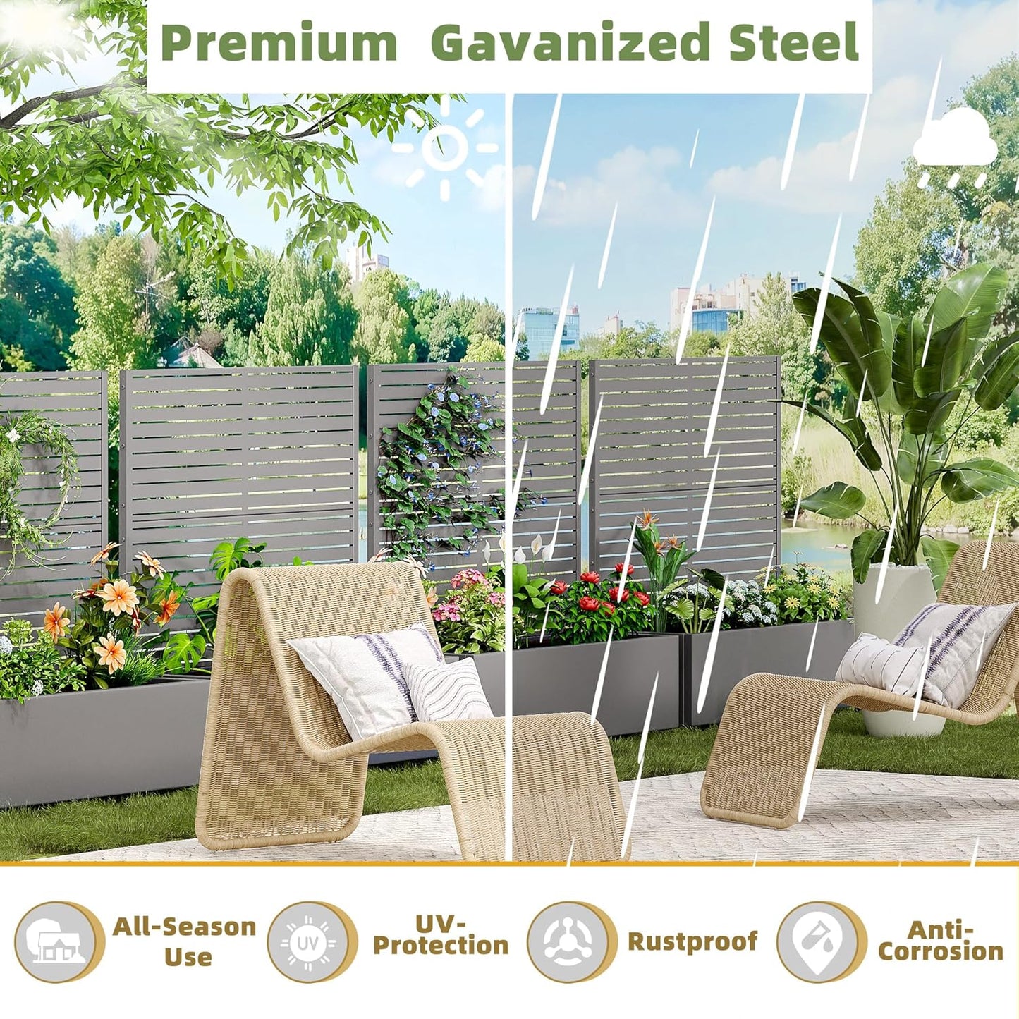 Casaphoria Metal Raised Garden Bed with Trellis and Wheels, 47"x47"x16" Planter Box for Climbing Plants, Vegetables & Vines, Features Drainage Holes and Privacy Screen (Grey-Louvered)