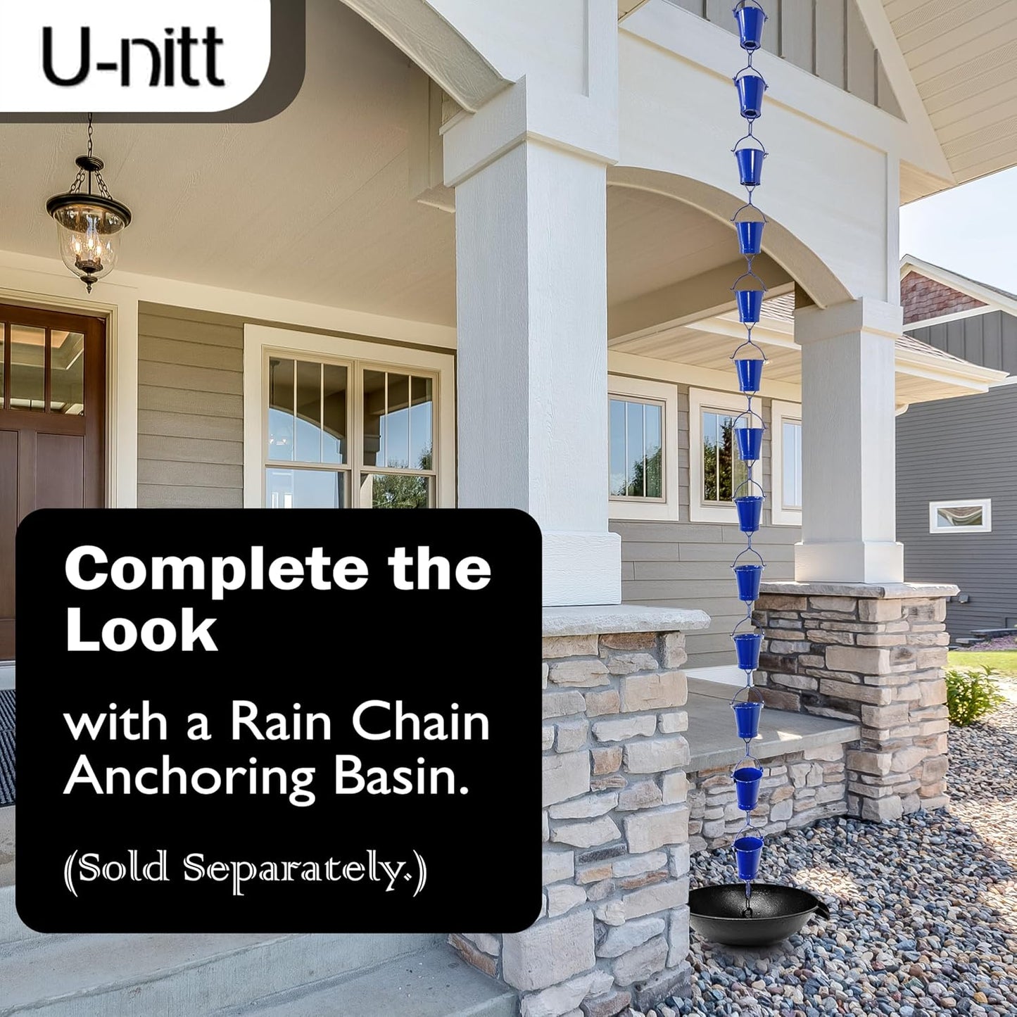 U-nitt Rain Chain Water Collection for Gutters, Rainwater Catcher & Diverter, 8.5 FT Chains for Outside Garden, Blue Bucket Cups, Roof Downspout, Works with Heavy Rain, w/Gutter Clip for Rainchains