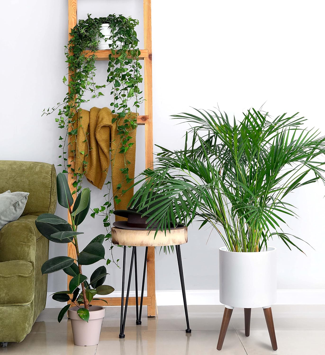 D'vine Dev 10 Inch Planter Pot with Stand, Mid-Century Tall Plant Pot with Legs for Indoor Plants, Medium, White, 88-O-B-1