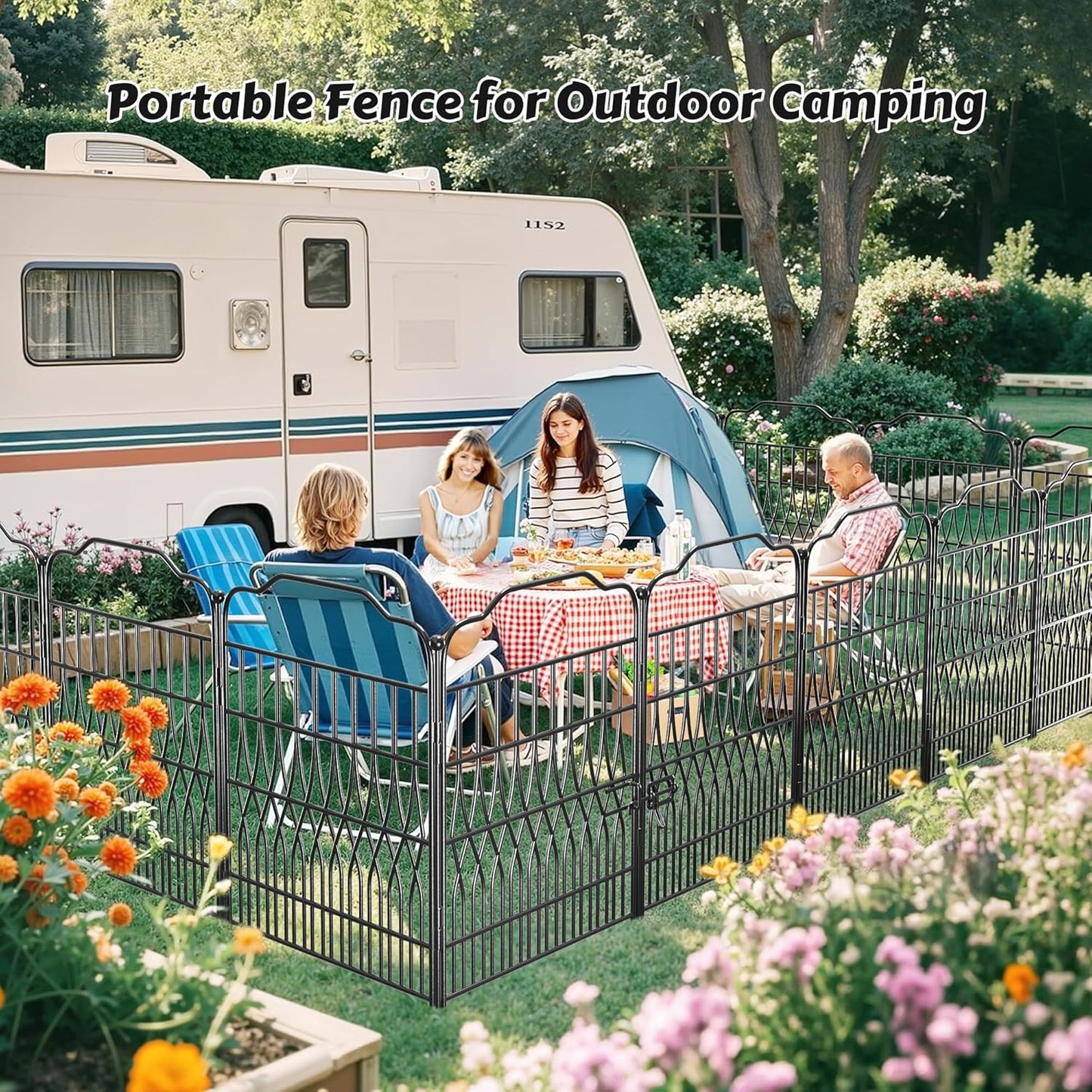 Bepatio 5 Panels Tall Garden Fence with Latch, 43.3in (H) x 14.8ft (L) Dog Fence Outdoor for Yard, Arc Metal Fencing Panels, Animal Barrier Fencing for Outdoor, Patio, Flower Bed