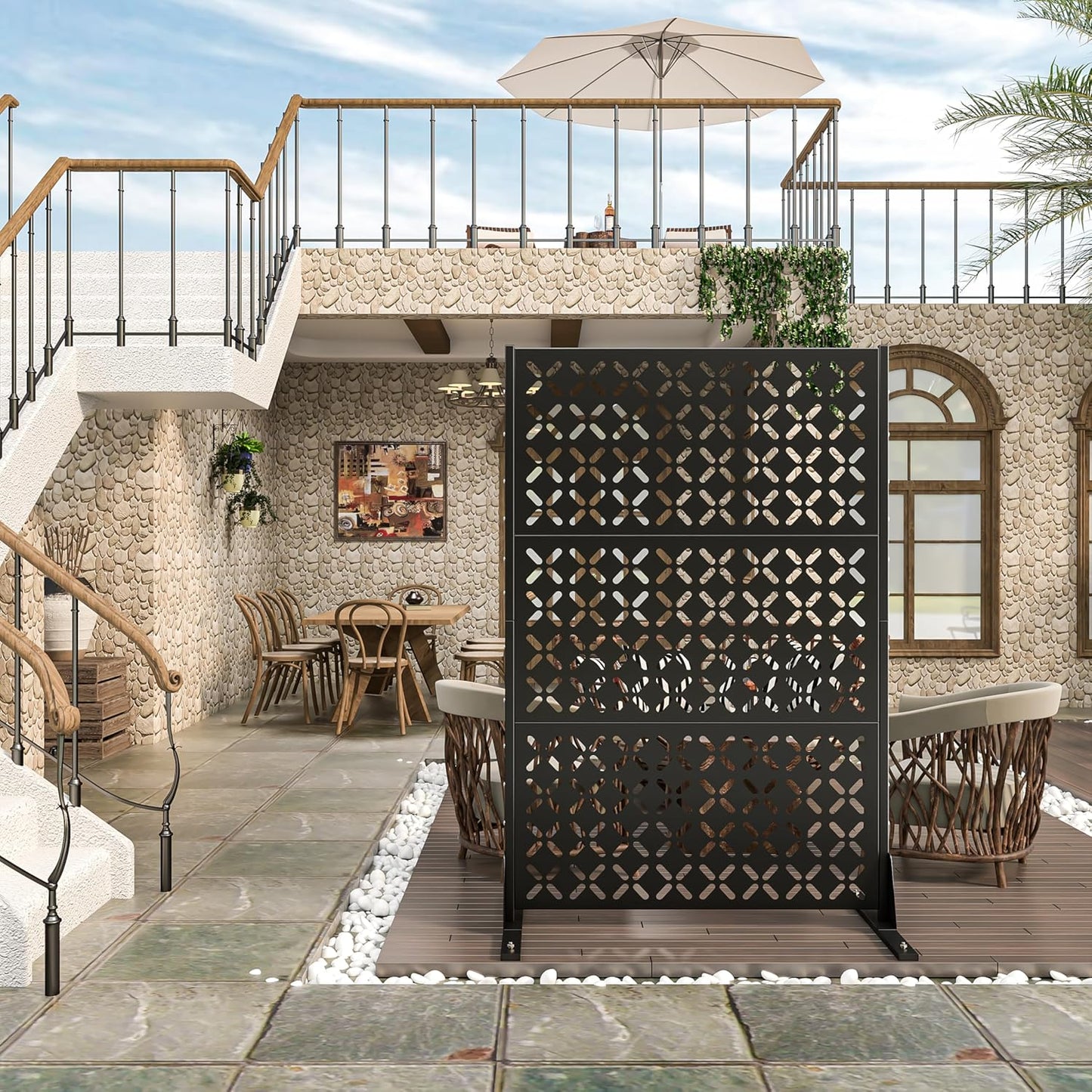 Metal Privacy Screen Outdoor 72" H×47" W,Freestanding Decorative Privacy Screen for Balcony Yard&Garden,Privacy Fence-Black&Louvered (X)