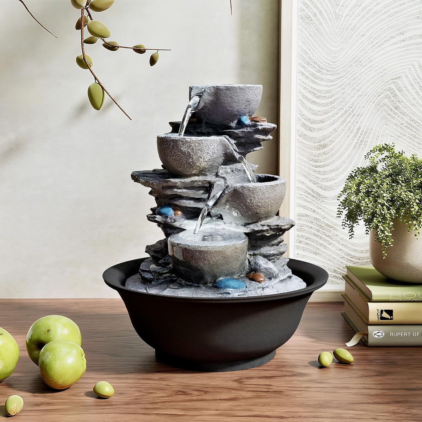 10.6inch Tabletop Fountain, Indoor Waterfall Fountains with LED Light, Realistic Rock Design for Soothing Ambiance in Bedrooms, Living Rooms, Offices, or Meditation Spaces