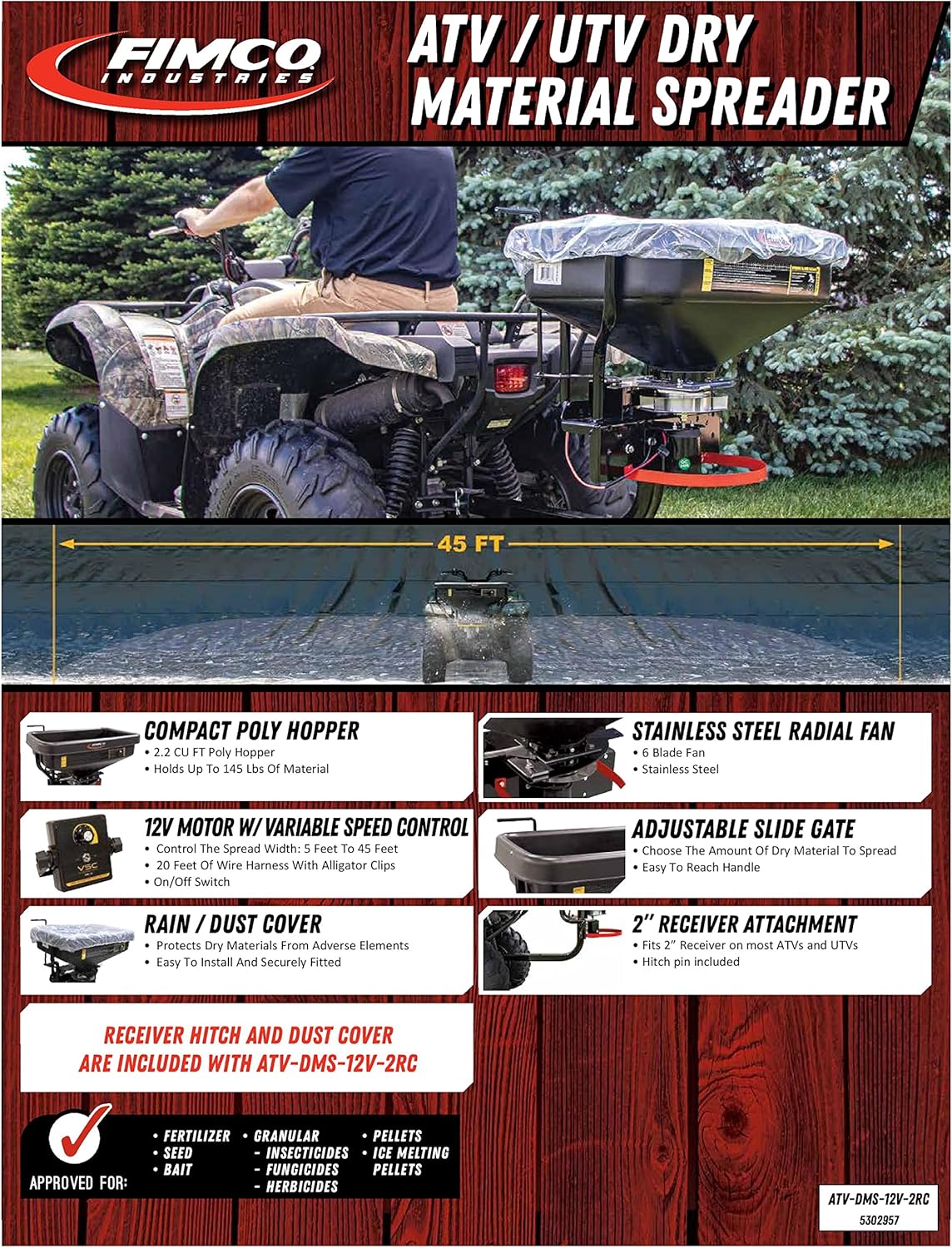 FIMCO 5302957 (ATV-DMS-12V-2RC) 2.2 cu ft ATV/UTV Dry Material Spreader with 2" Receiver Mount & Rain Cover Bundle with DU-Most Heavy-Duty Walnut Hand Scrub & Cleaner, 16 oz