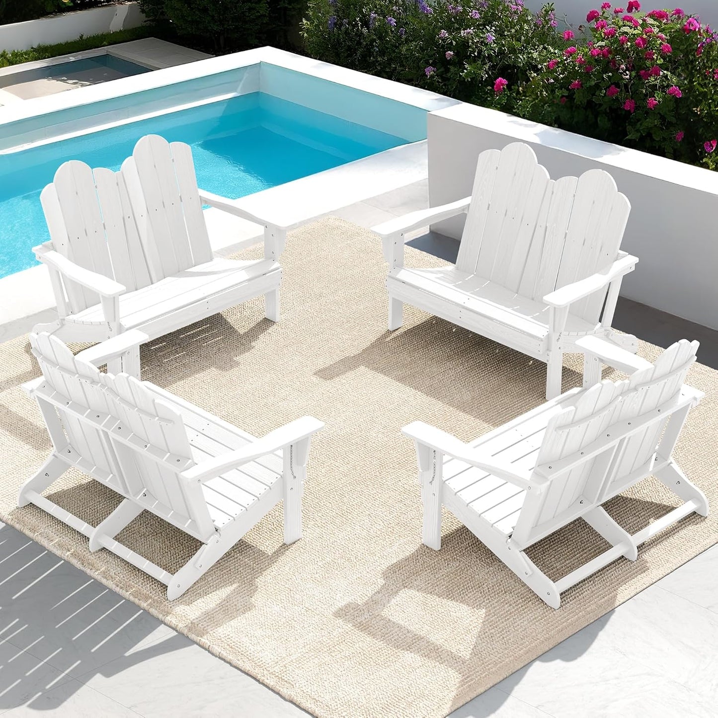 SERWALL 2 Person Adirondack Loveseat, HDPE All-Weather Folding Adirondack Bench Chair, Outdoor Adirondack Chair Set of 4, White