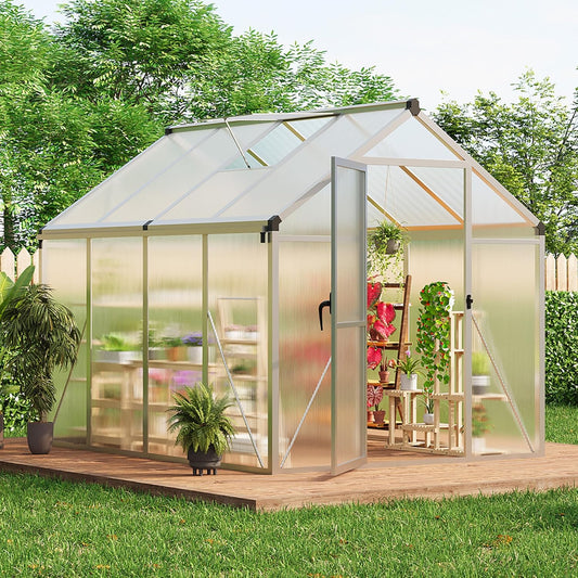 6x8 FT Greenhouse, Easy Assembly Aluminum Polycarbonate Greenhouses for Outdoors with Roof Vent and Ground Nails, Heavy Duty Aluminum Walk-in Greenhouse for Backyard, Sliding Lockable Door, Silver