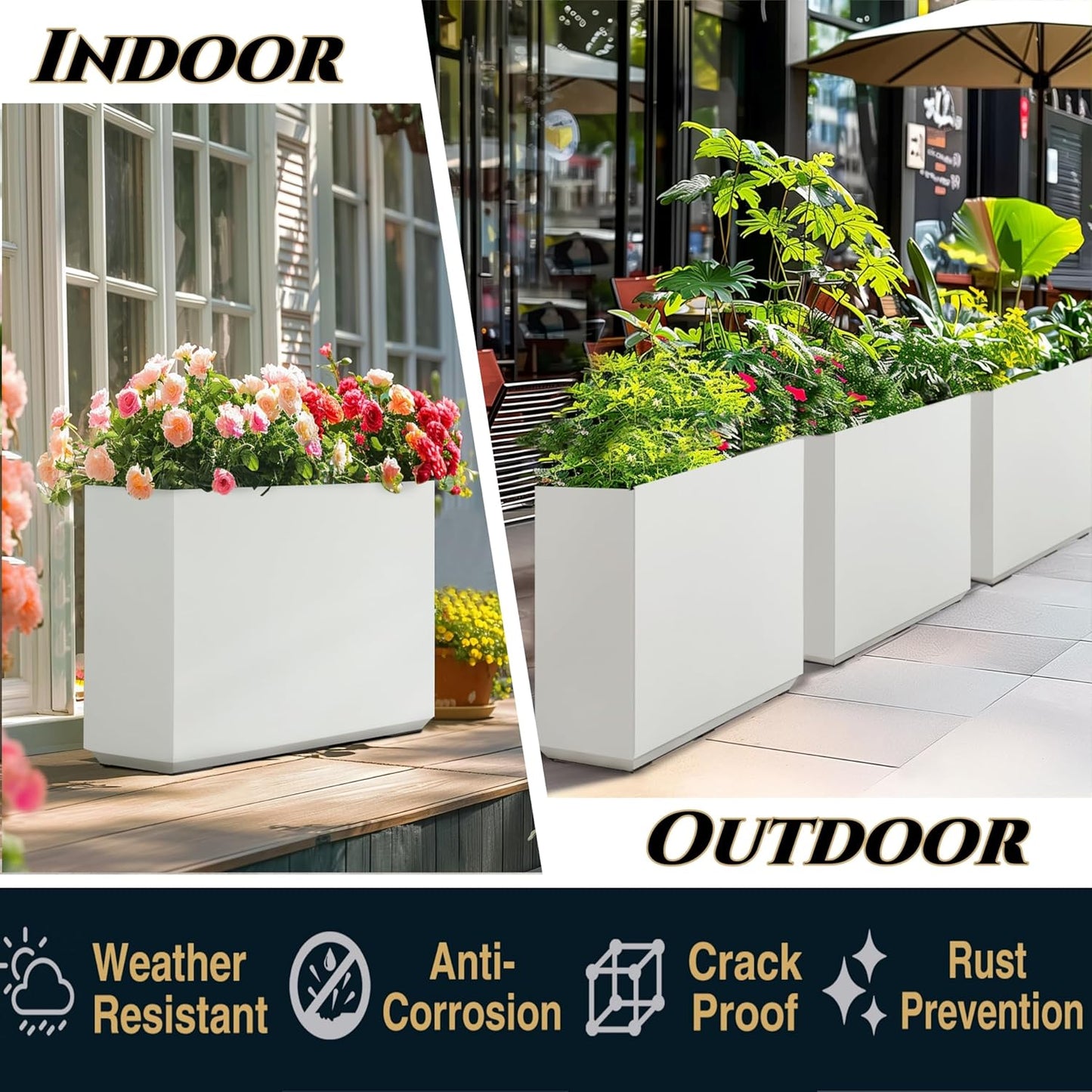 Metallic Heavy Outdoor Planter Box, Span Plant Container, Long and Tall Divider Flower Pot, 30Lx10Wx24H, White, No Assembly 30.8 Pounds