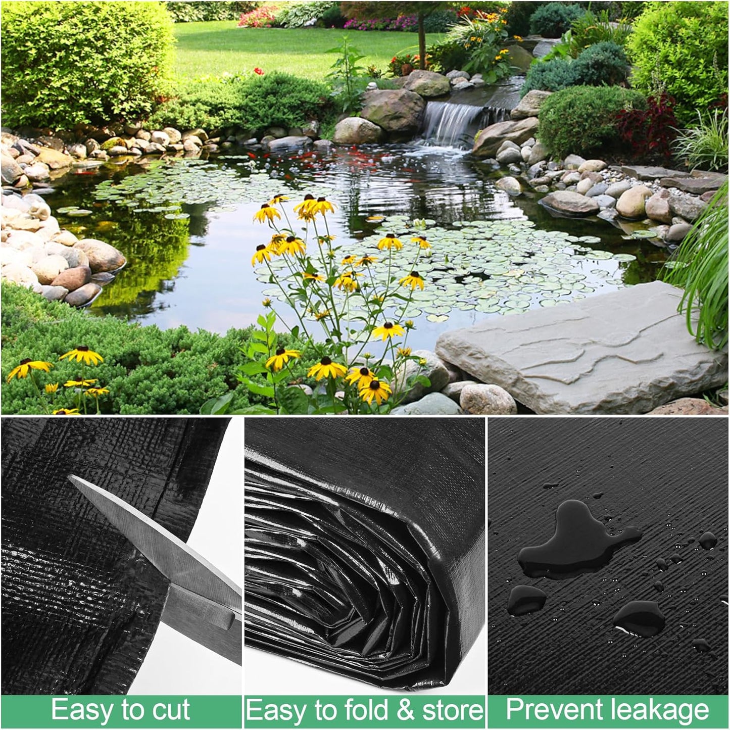 MYFAMIREA 25 x 25FT Pond Liner, 28Mil PE Preformed Liner with 20 Hemmed Edge Buttonholes, Sun Resistant, Easy Cutting for Outdoor, Fish, Koi, Garden Fountain, Waterfall Ponds