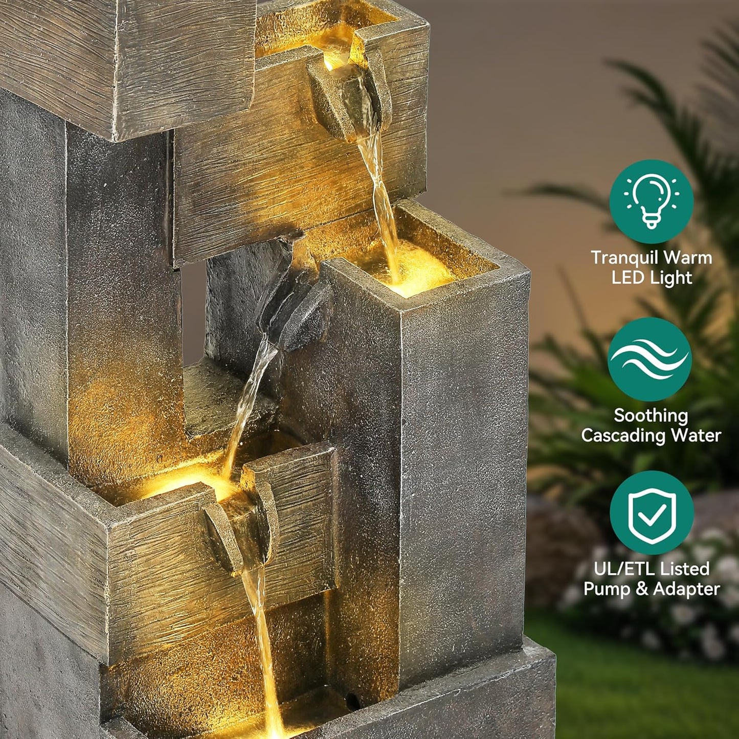 32.5" Modern Outdoor Water Fountain with LED Lights, 5-Tier Stacked Blocks Garden Fountain Cascading Waterfall Feature for Relaxing Garden, Patio, Backyard, Deck, Porch or Home Décor