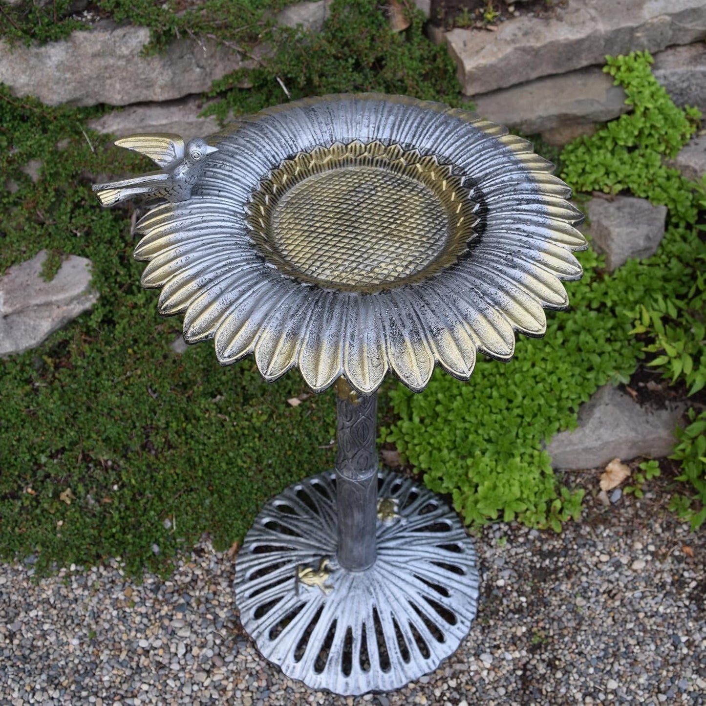 Oakland Living 5065AP Antique Pewter Sunflower Design Aluminum Birdbath, Silver