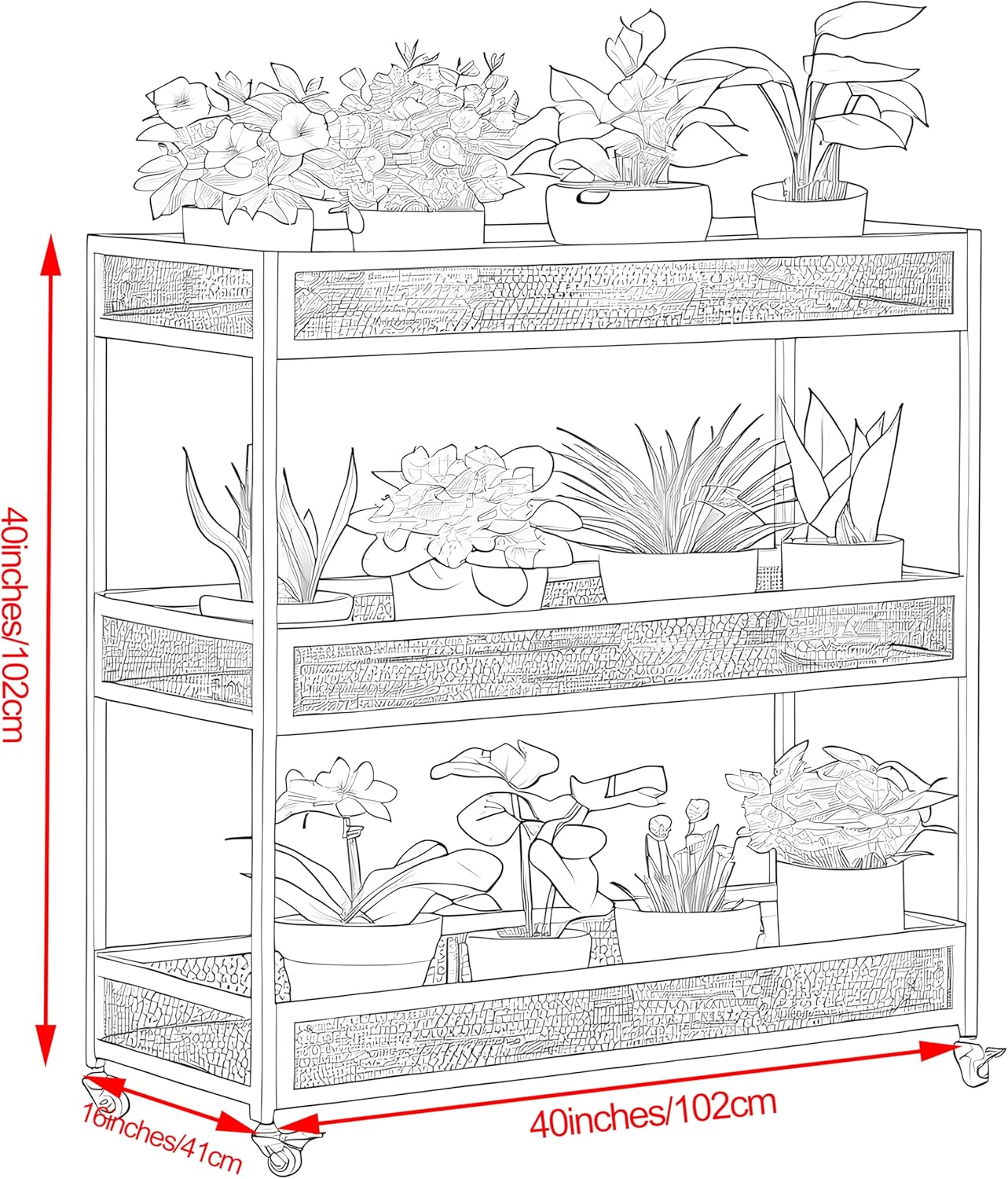 Outdoor Heavy-Duty 3-Tier Moving Garden Cart Sturdy Metal Plant Stand with High-Capacity Load & Rotating Wheels