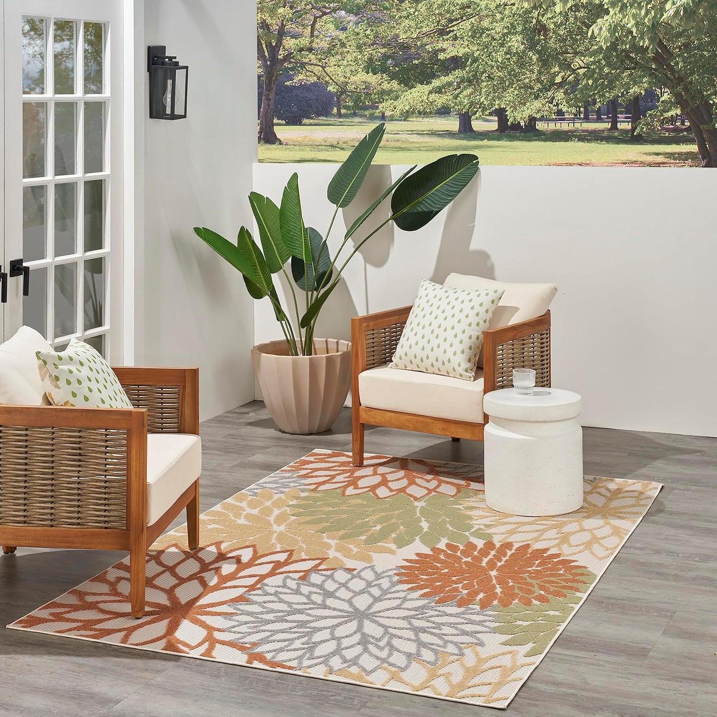 Nourison Home Aloha Indoor-Outdoor Ivory Multicolor 5'3" x 7'5" Area Rug, Easy Cleaning, Non Shedding, Bed Room, Living Room, Dining Room, Backyard, Deck, Patio (5x7)