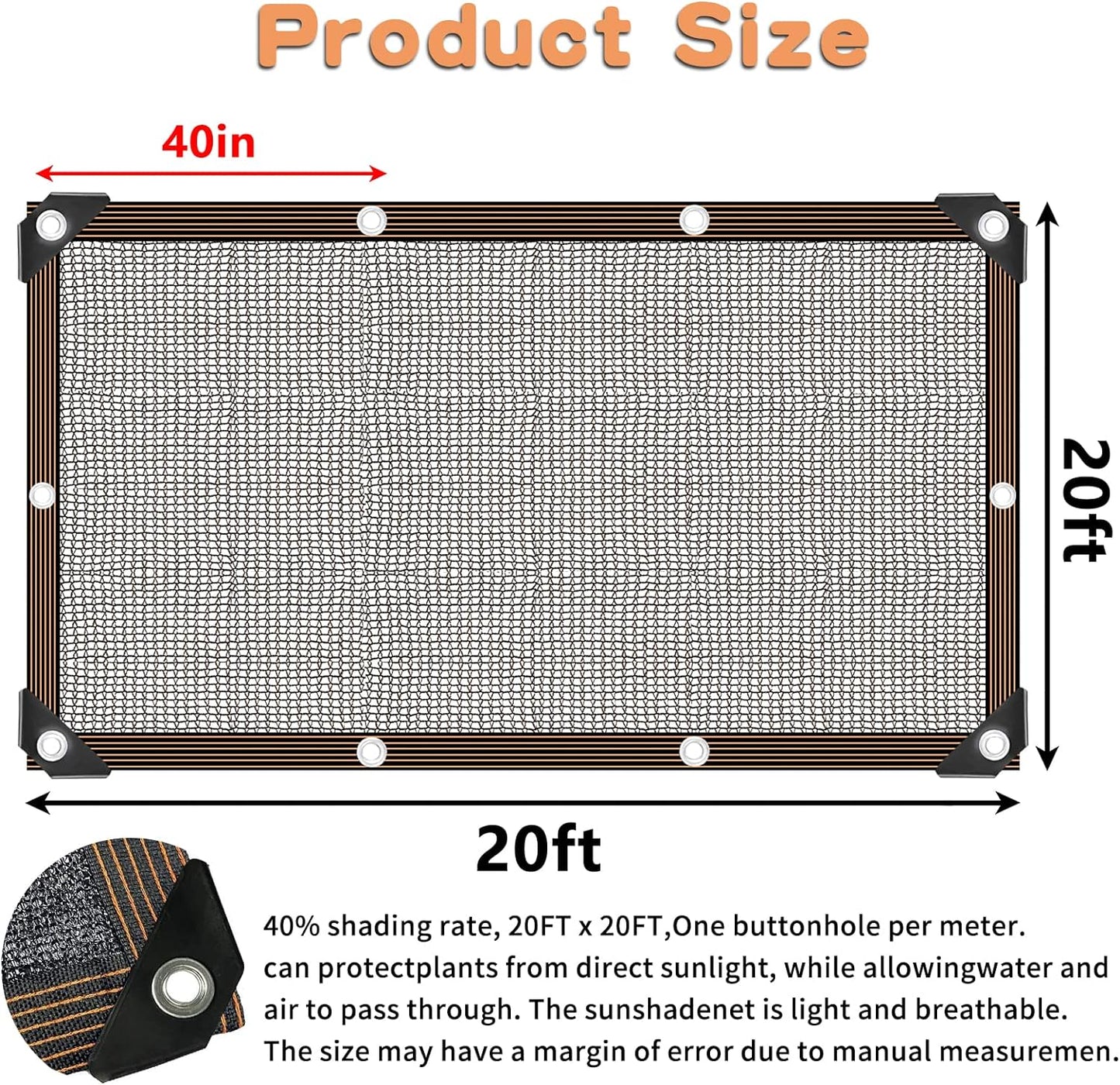 20 x 20 FT Shade Cloth for Plants Greenhouse, 40% Sunblock Shade Sails -for Garden Outdoor Pergola Patio Lawn Plant Kennel Chicken Coop Easier to Hang Net Cover