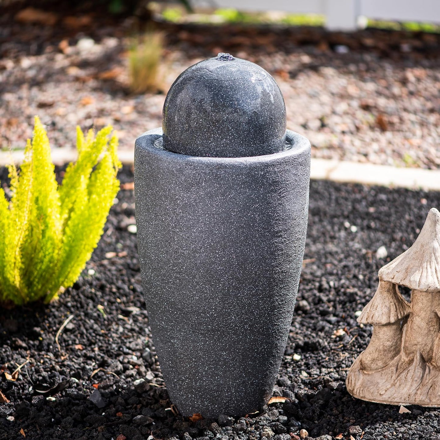 XBrand 25.98" H Round Stone Indoor/Outdoor Modern Stone Textured Sphere Water Fountain w/LED Lights, Gray