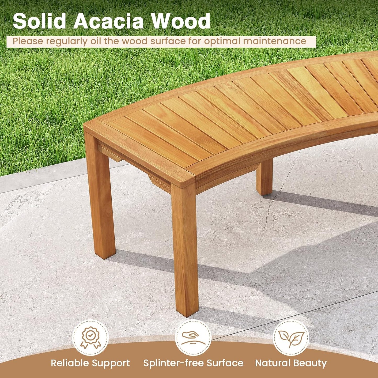 Tangkula Outdoor Curved Bench, Acacia Wood Fire Pit Bench w/Slatted Seat, Patio Backless 2-Person Seating for Porch, Yard, Garden, 800 LBS Max Load, Oil Painted (1, 45")