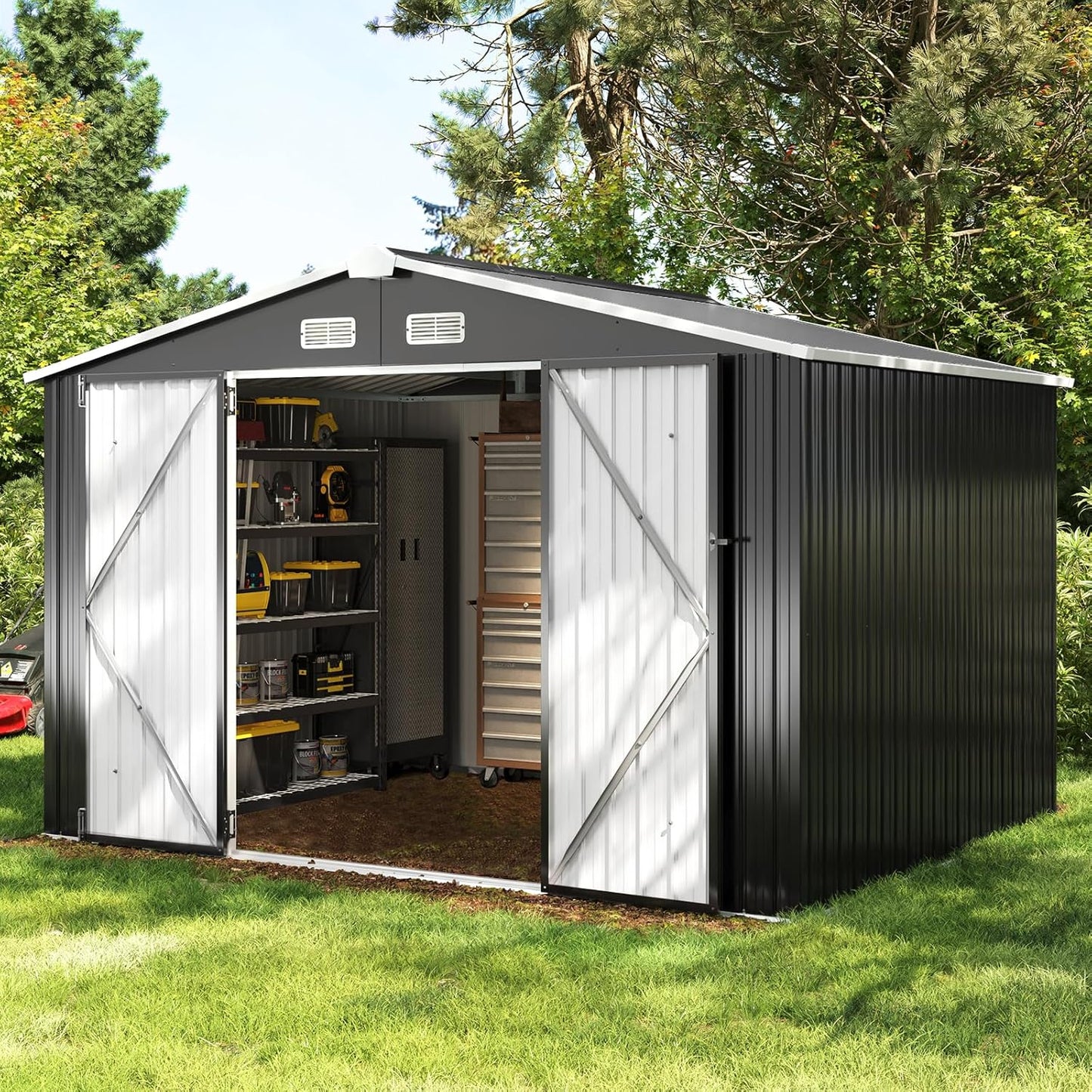 Aoxun 9.4x7.3x6.5 FT Outdoor Storage Shed, Garbage Can, Outdoor Metal Shed for Tool, Garden, Bike, Placed in Patio, Garden (Black)