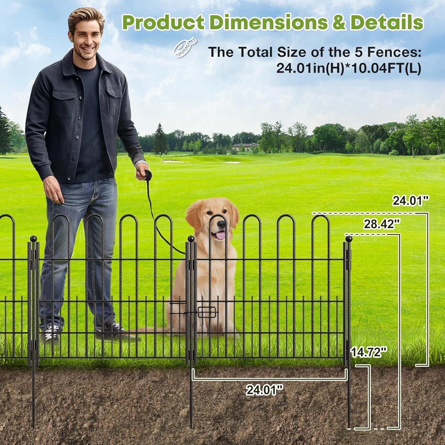 5 Panels Garden Fence with Latch Gate, 24.01in (H) X 10.04ft(L) Animal Barrier Fence with 1in Gaps for Rabits, Dog Fencing Outdoor for Yard, Flower Beds, Patios, Vegetable Patches